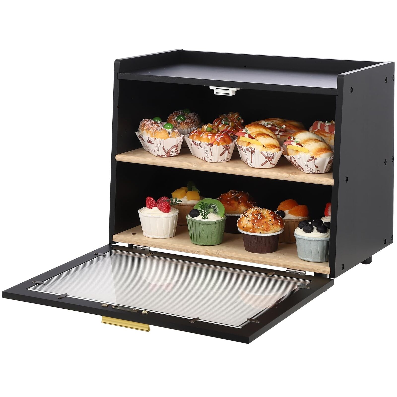 Double Layer Large BreadBox, Bamboo BreadBox With Acrylic Clear Door for Kitchen