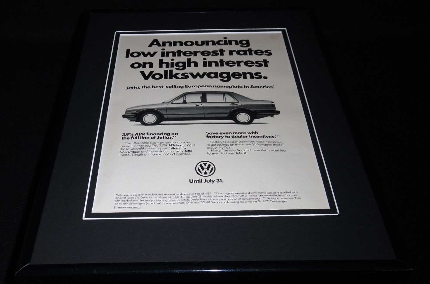 1987 Volkswagen VW Jetta Framed 11x14 ORIGINAL Vintage Advertisement