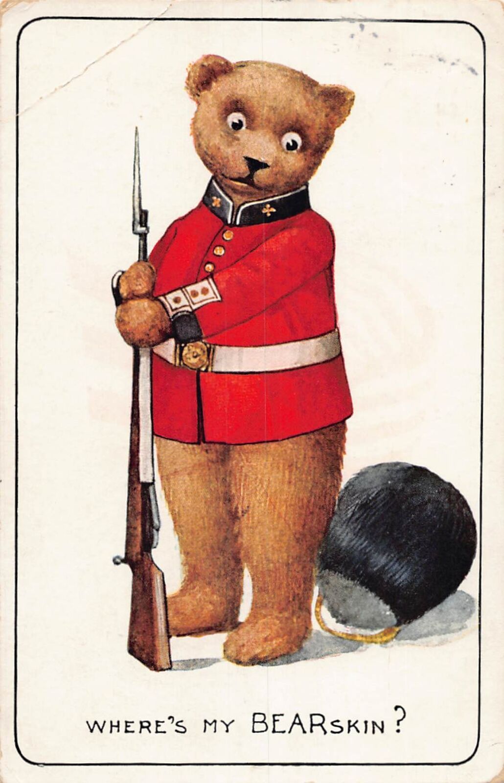 J77/ Teddy Bear Postcard c1910 Comic Toy Soldier Rifle Helmet 331