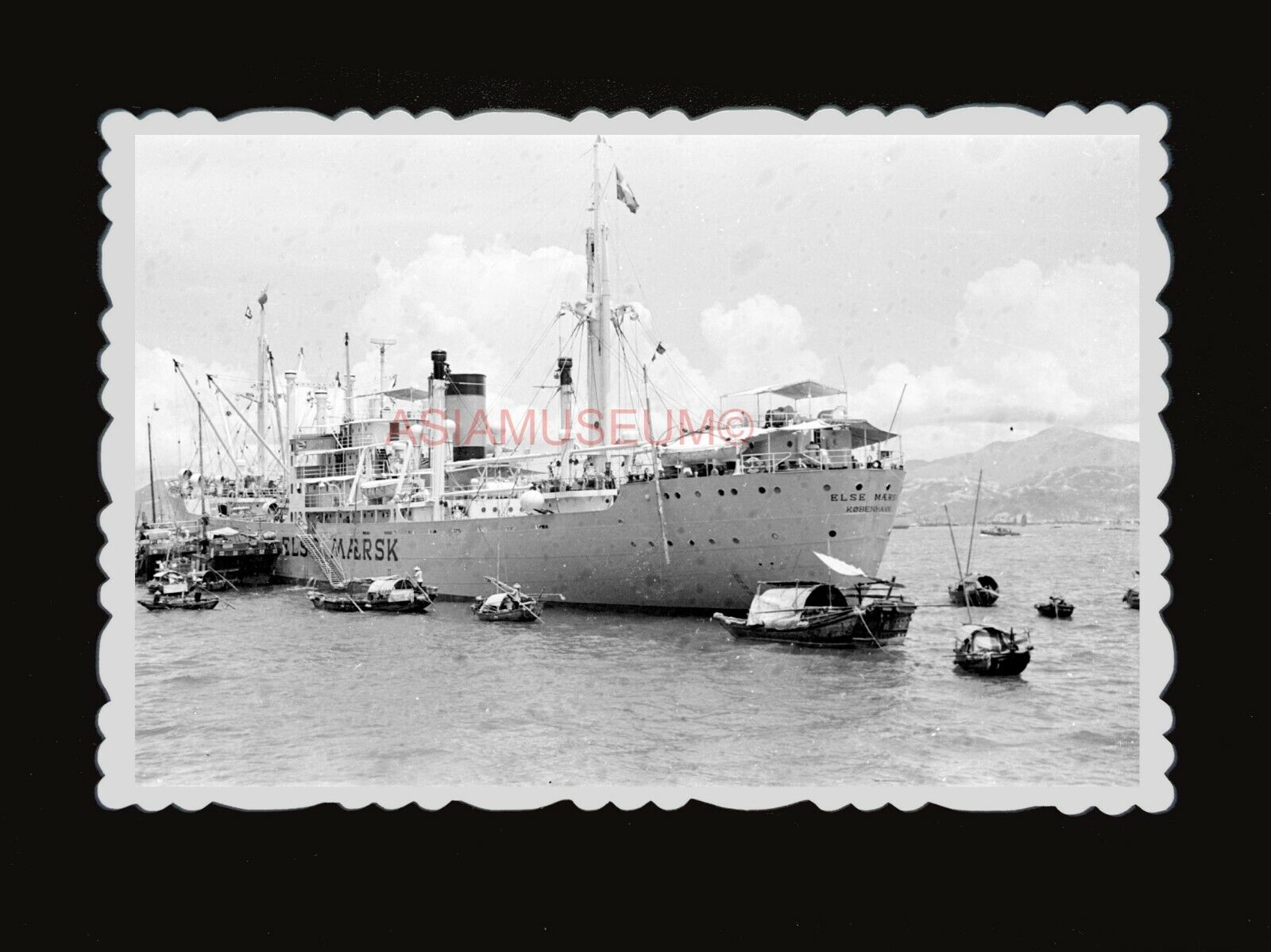 1950s Else Maersk Cargo Ship Sampan Boat Harbor Sea Vintage Hong Kong Photo #811