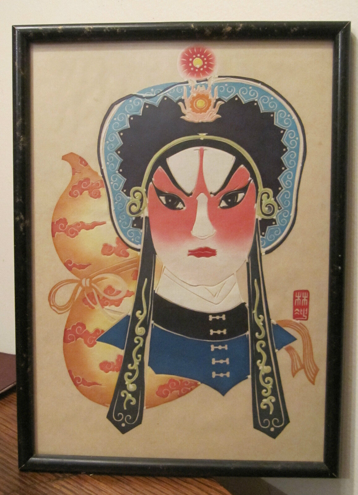 vintage chinese original cut out paper opera mask portrait painting signed face.