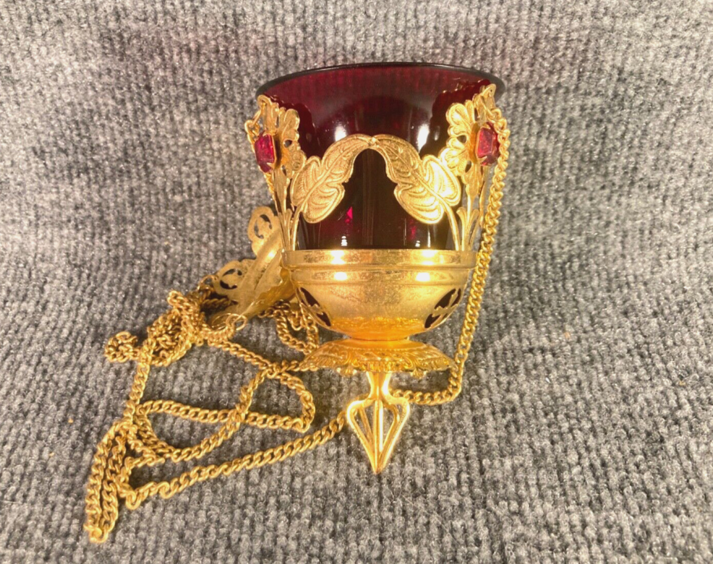 Vintage Orthodox Christian 3 Chain Hanging Votive Vigil Lamp Red Glass Gold 5”