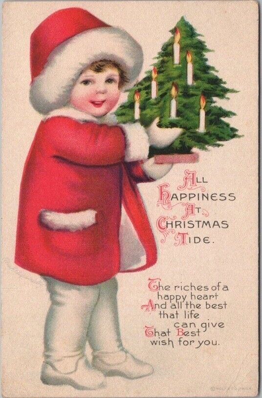 1910s WOLF Merry Christmas Postcard Girl w/ Small Xmas Tree Un-Signed CLAPSADDLE