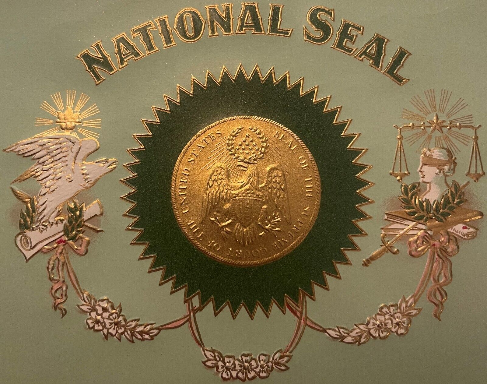 Antique Vintage 1910s National Seal Embossed Cigar Label, Supreme Court Seal