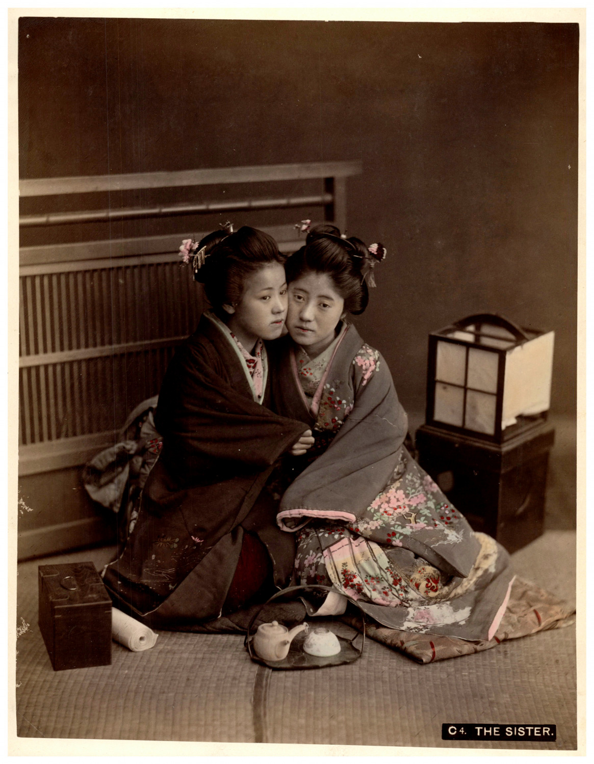 Japan, two young Geisha, the sisters vintage print, albumin print watercolor print