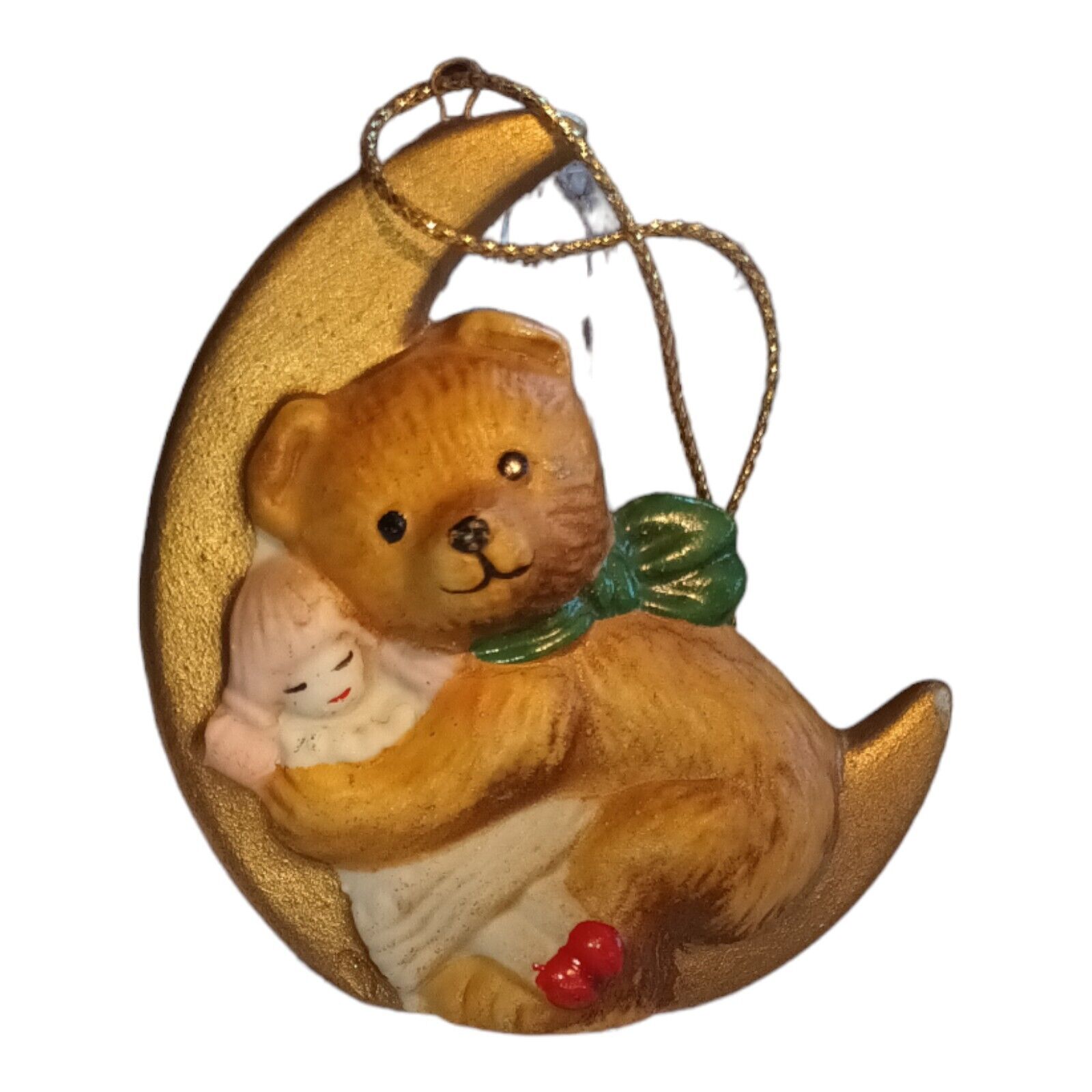 VINTAGE CERAMIC BEAR HUGGING CRESCENT MOON WITH DOLL 2.75” ORNAMENT TAIWAN