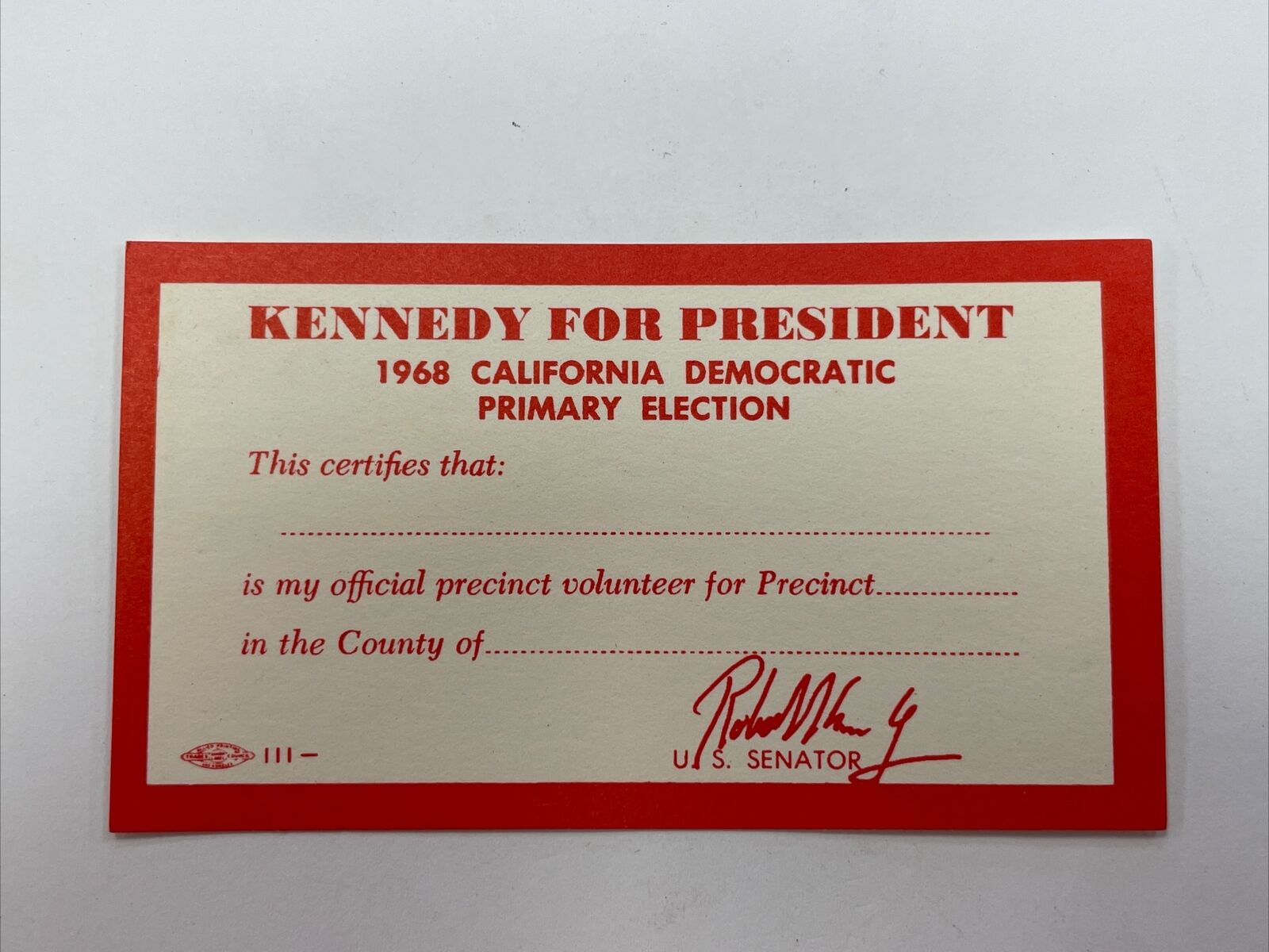 VINTAGE 1968 ROBERT KENNEDY PRESIDENTIAL PRESIDENT PRIMARY ELECTION CARD