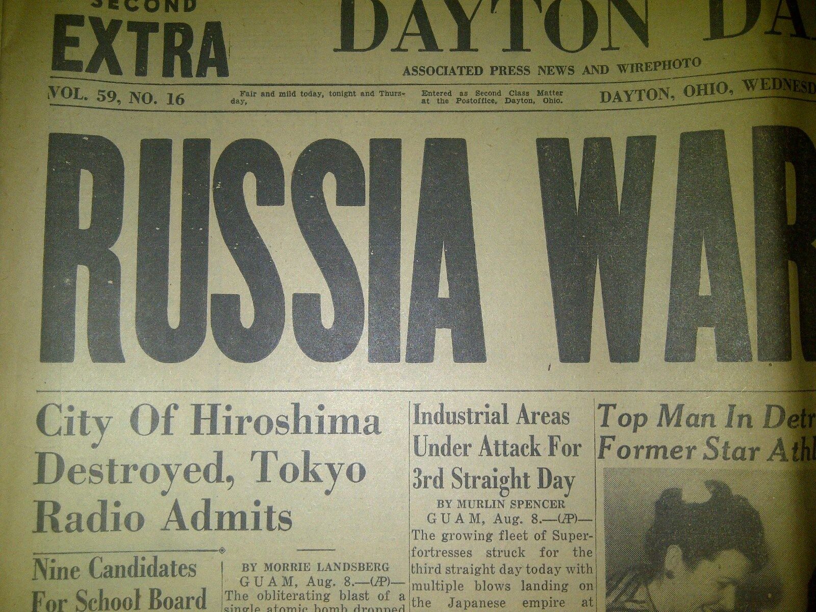  DAYTON DAILY August 8 1945  Newspaper FINAL EDITION WWII Hiroshima Destroyed