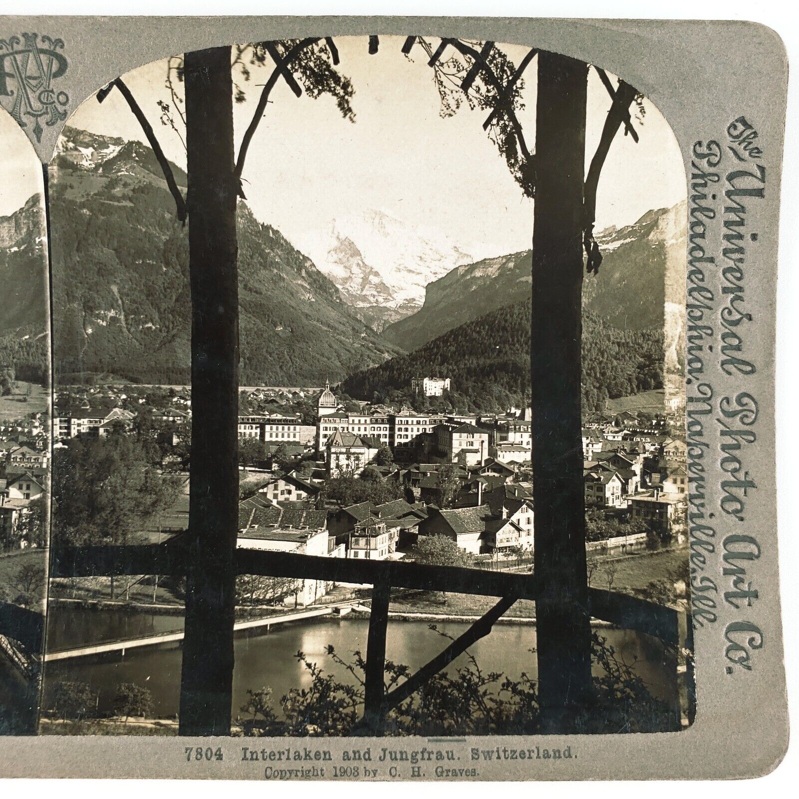 Interlaken Switzerland Jungfrau Mountain Stereoview 1903 Swiss Resort Town B1880