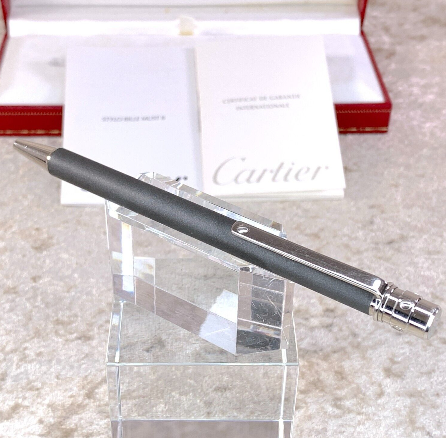 Authentic Cartier Ballpoint Pen Santos Grey Matte Silver with Case & Papers