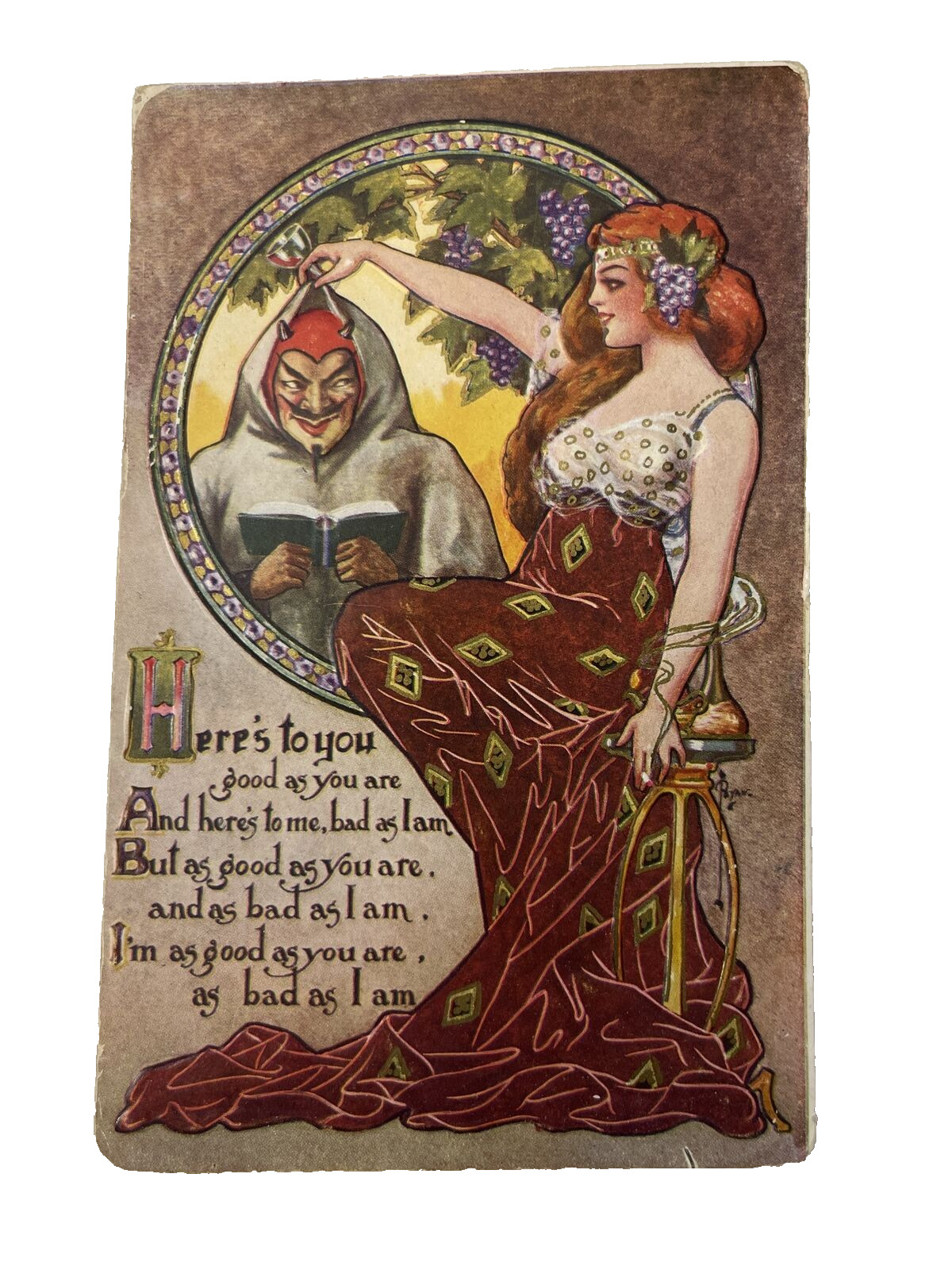 Antique Vintage  Postcard - Relationship Lady & Devil Bad Boy Embossed Unstamped
