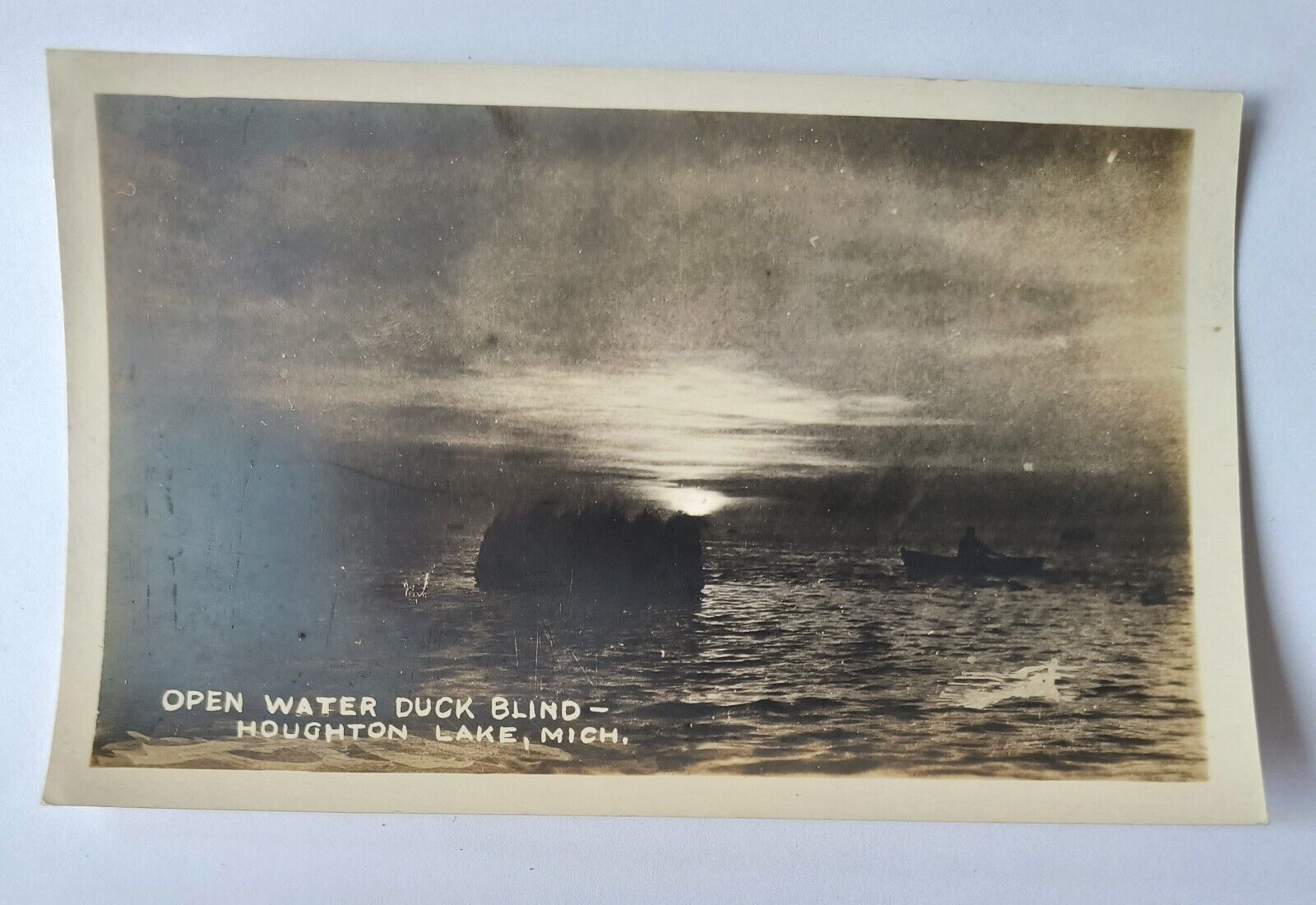 RPPC Houghton Lake MI Michigan Open Water Duck Blind & Boat Postcard N3
