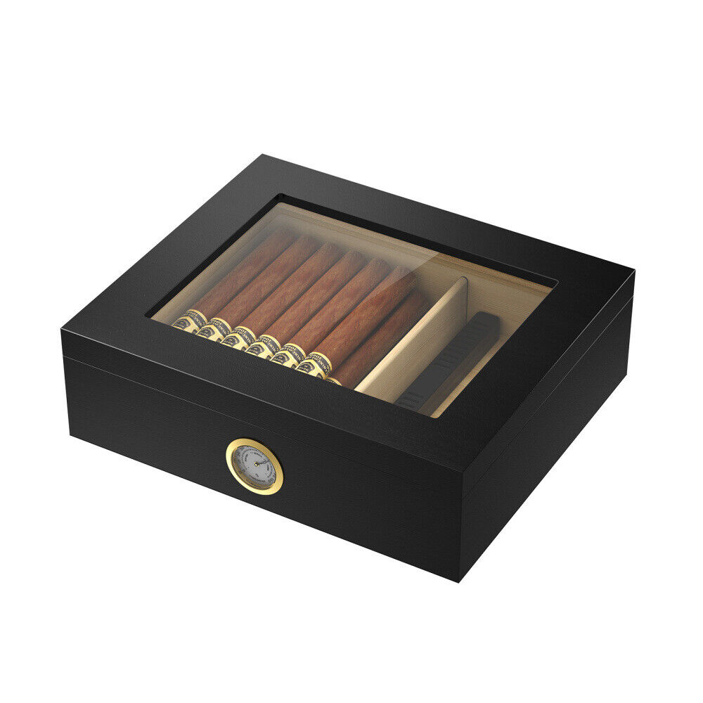 Handmade Wooden Cigar Humidor Desktop,20-30 Counts Capacity Glass Top Cigar Box