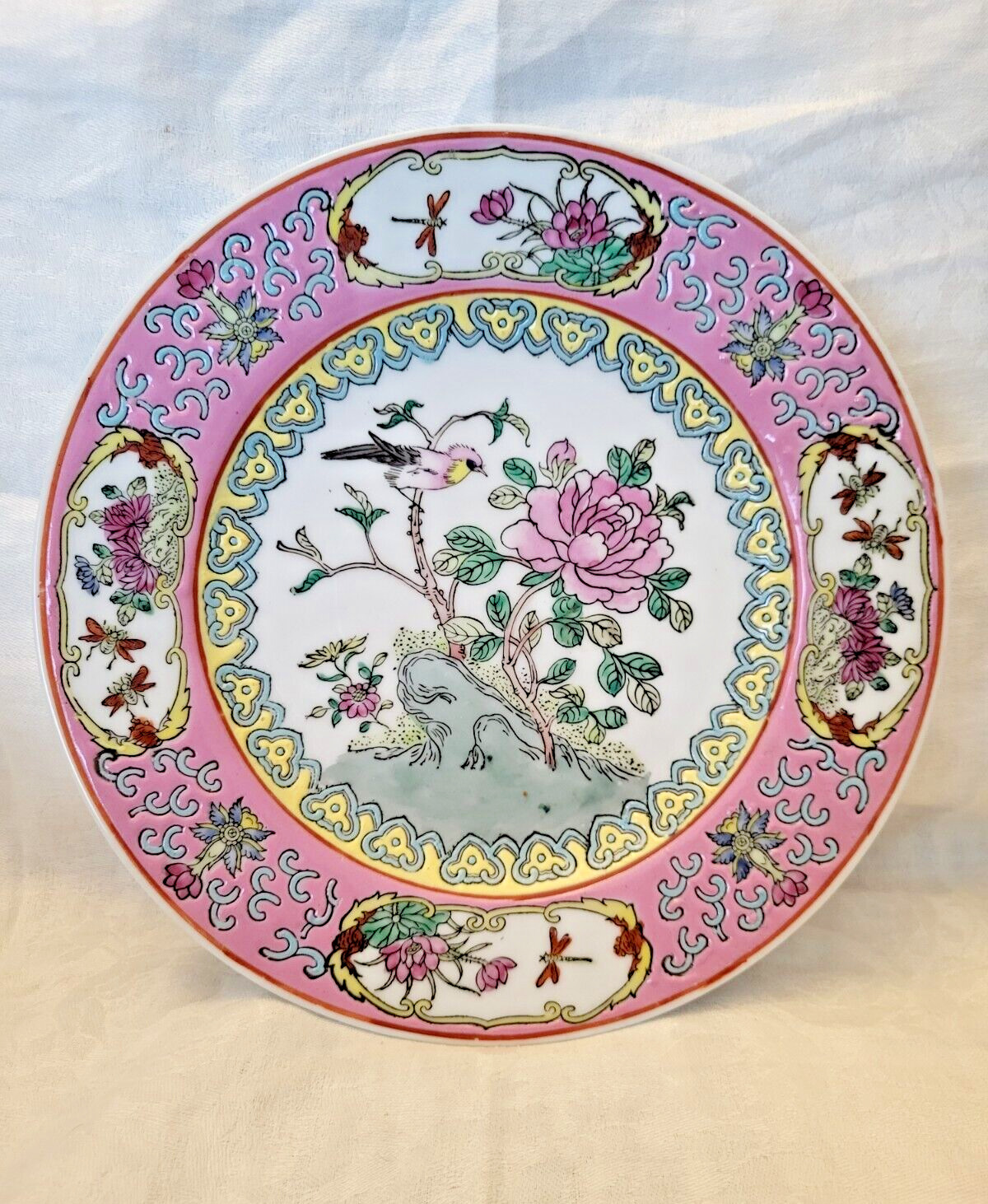 Vintage Toyo Bird Song painted enamels plate pink flowers birds 1988 8