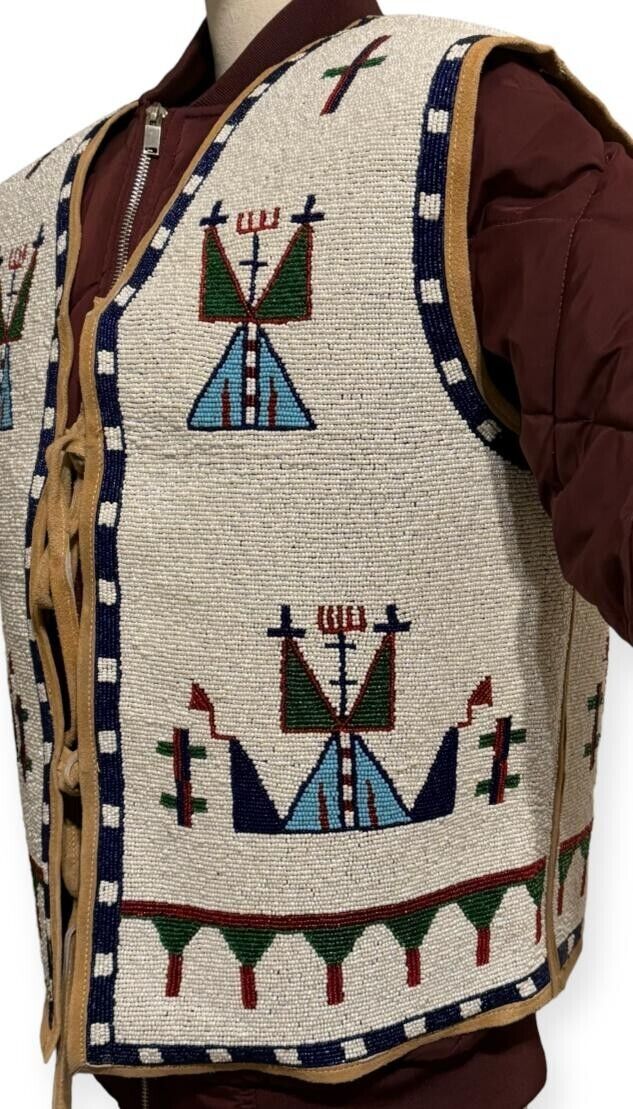 Old American Style Handmade Lakota Design Medium Beaded Front Powwow War Vest