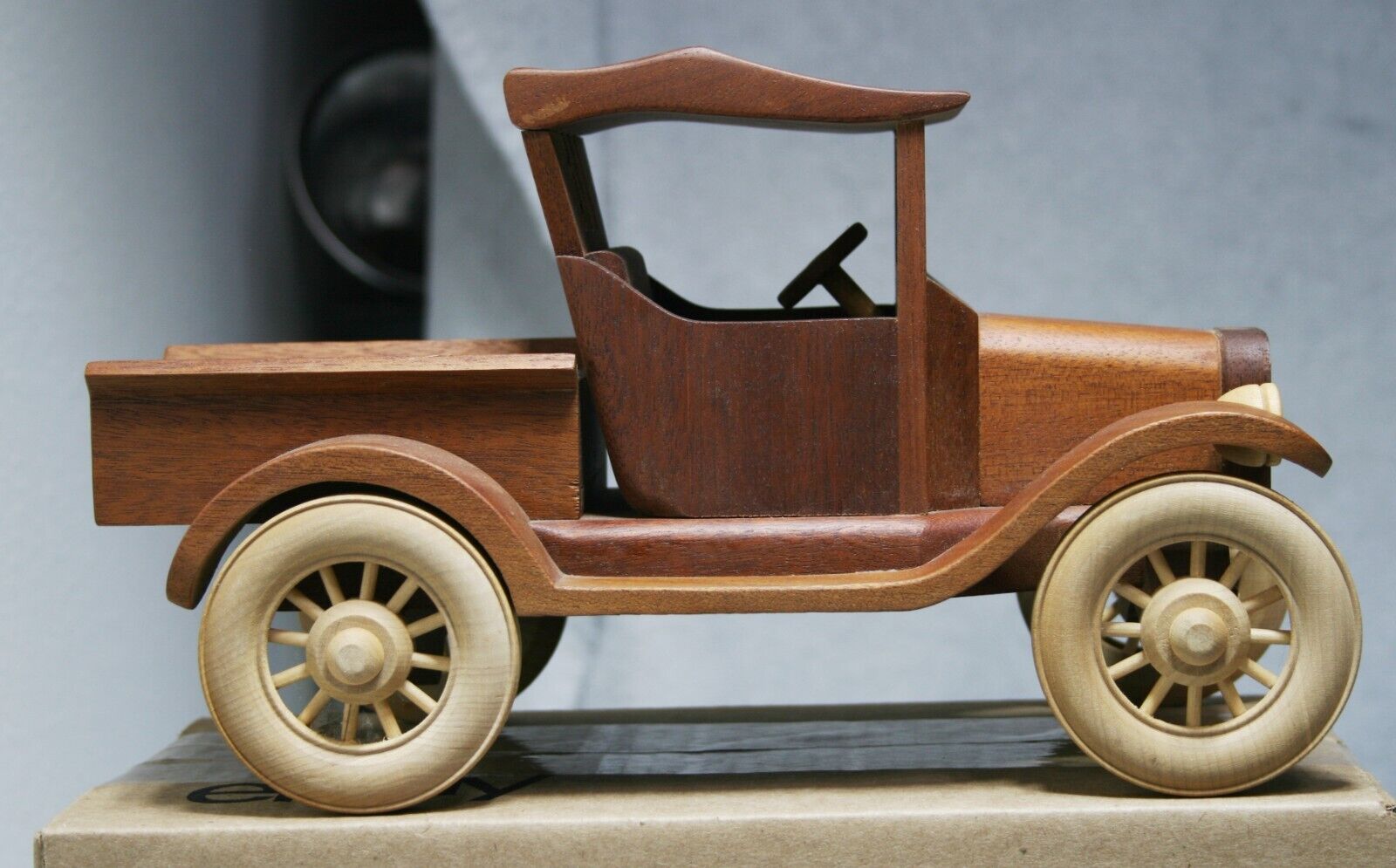 VTG Handmade Model T Ford Runabout Wood Model Car Wheels Spin 12” Artist Stamped