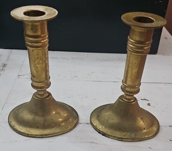 VTG Candlestick Set Of 2 Hollow Cast Brass With Weighted Bases 5-3/4” Tall