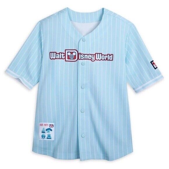 Walt Disney World Baseball Jersey Short Sleeve Pinstripe Light Blue Sz XS NWT