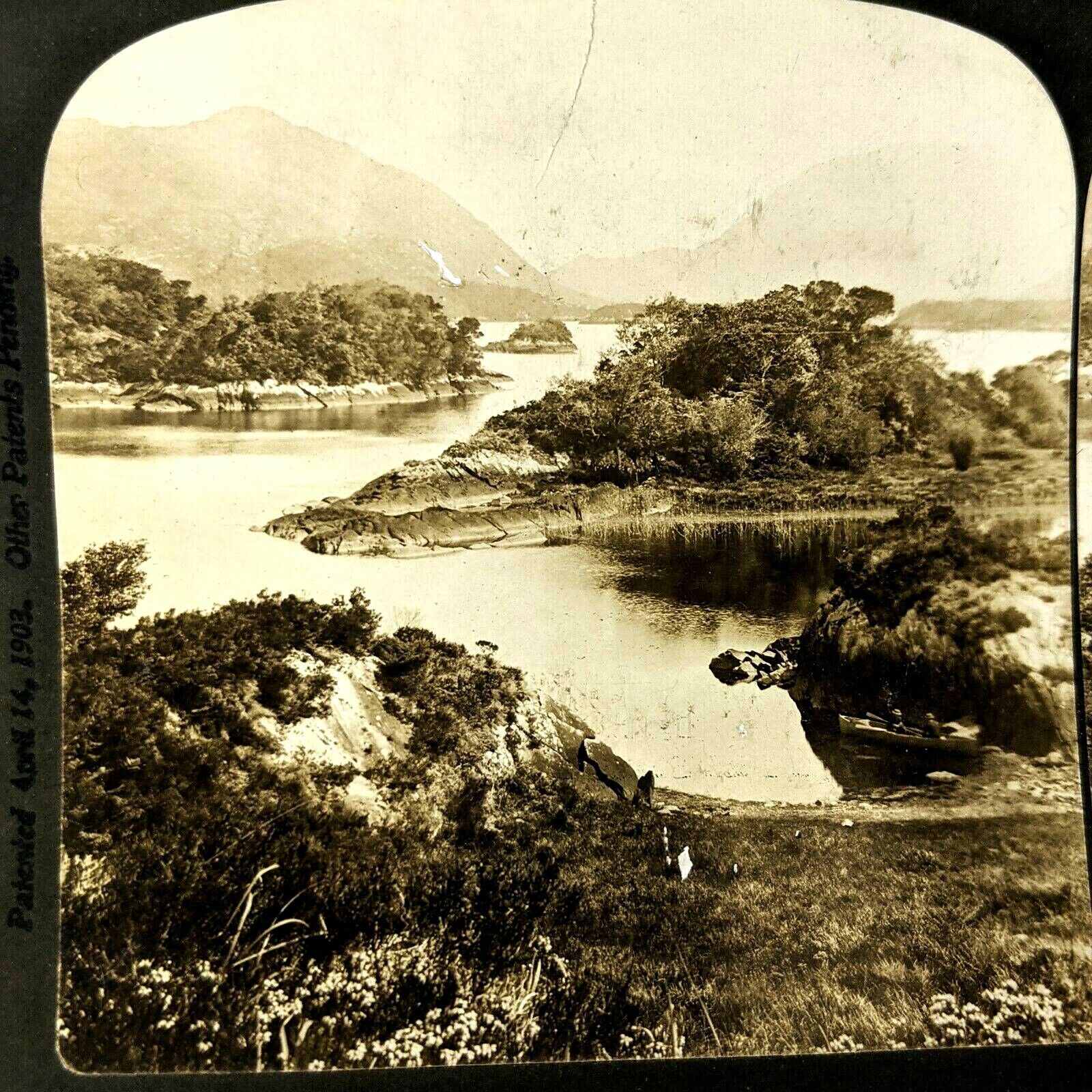 1902 Lake Killarney, Ireland Real Photo Stereoview Islands Birds Eye Canoe V1