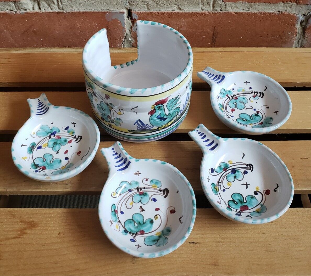 Vintage Handpainted Ceramic Singing Rooster Sorrento Italy Spoon Rest Set Of 4 