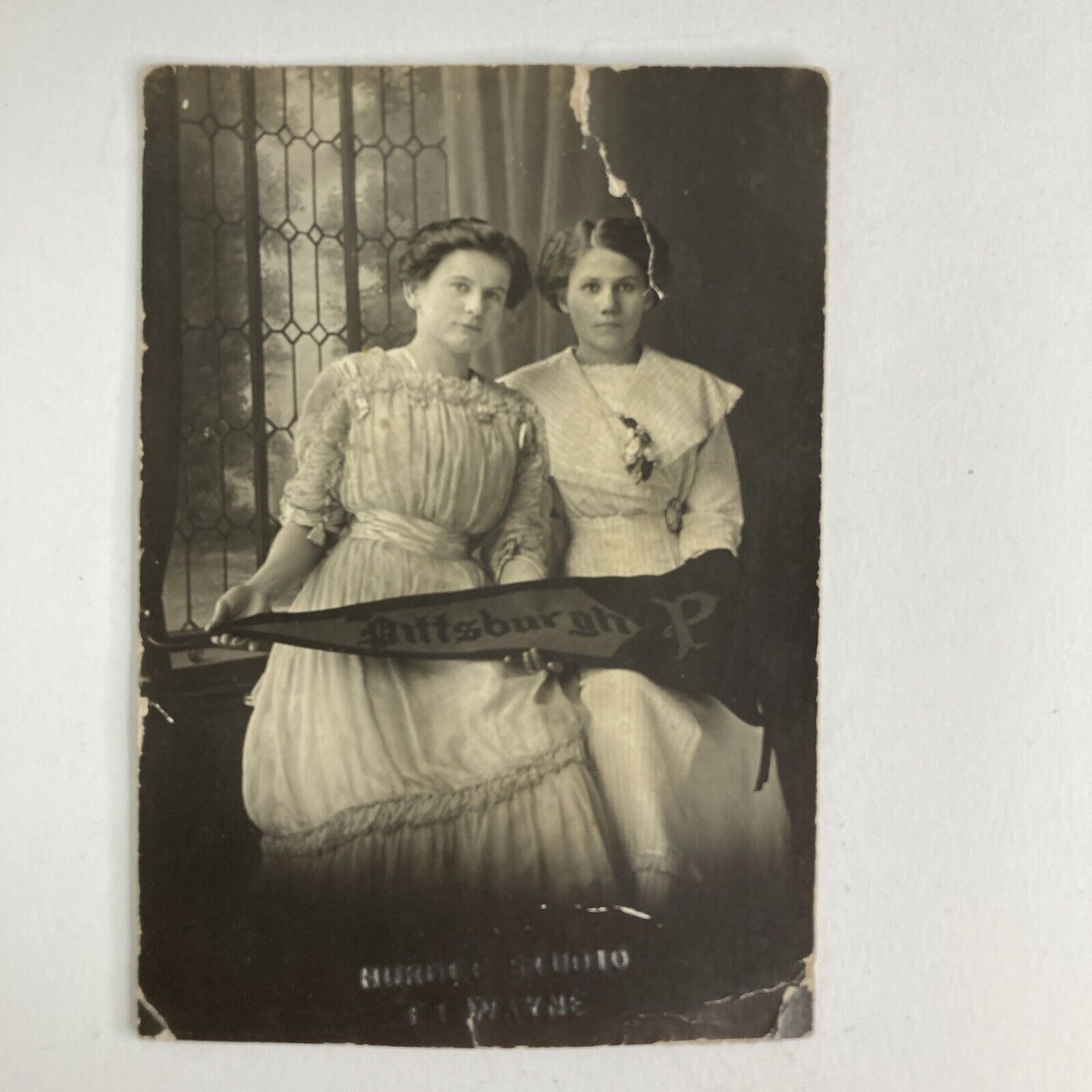 Antique RPPC Photo Postcard Girls Holding Pittsburgh Pennant ID'd