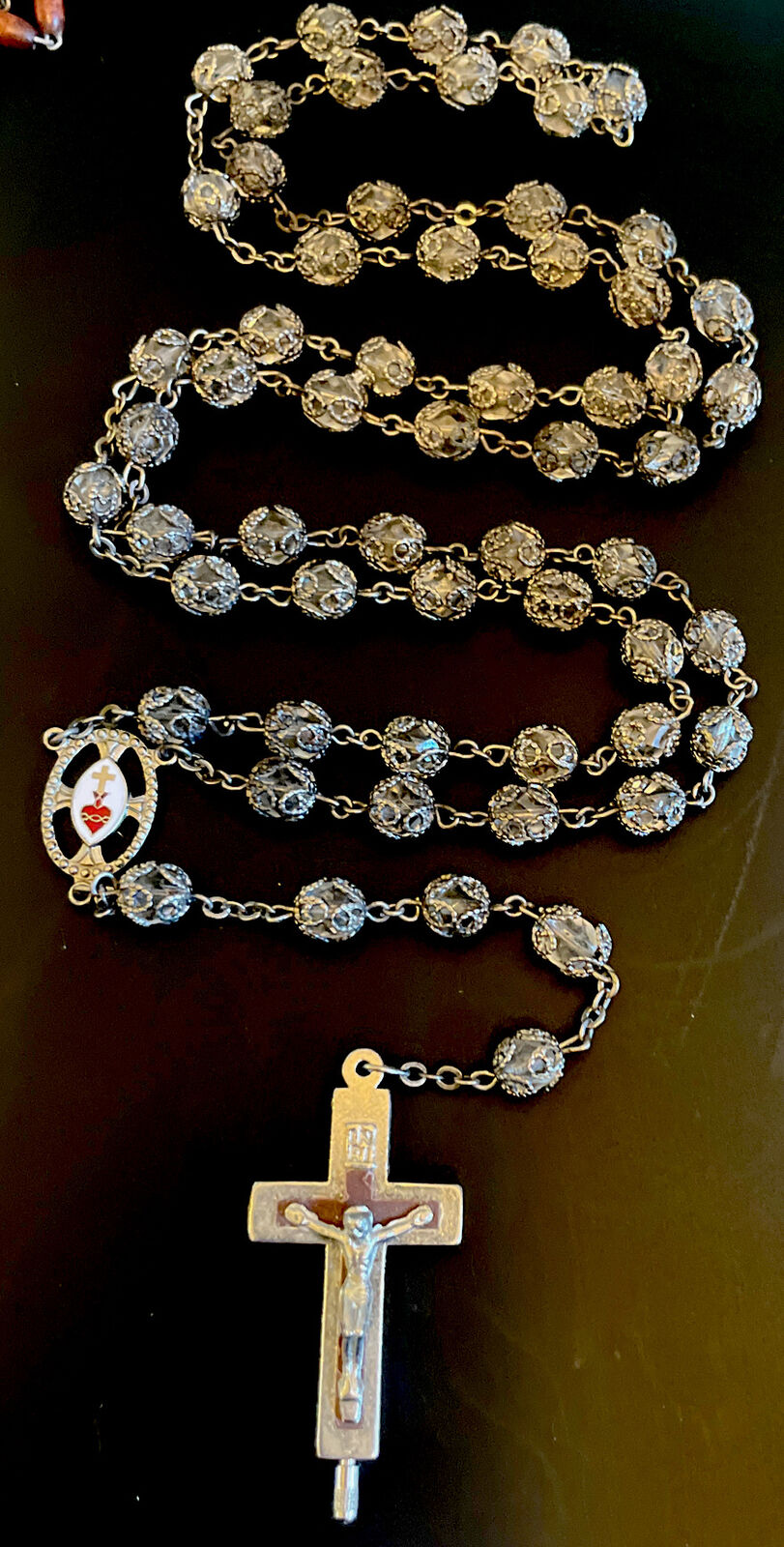 Vintage Catholic Fully Caged Crystal Rosary, Passionist Center, Soil Crucifix