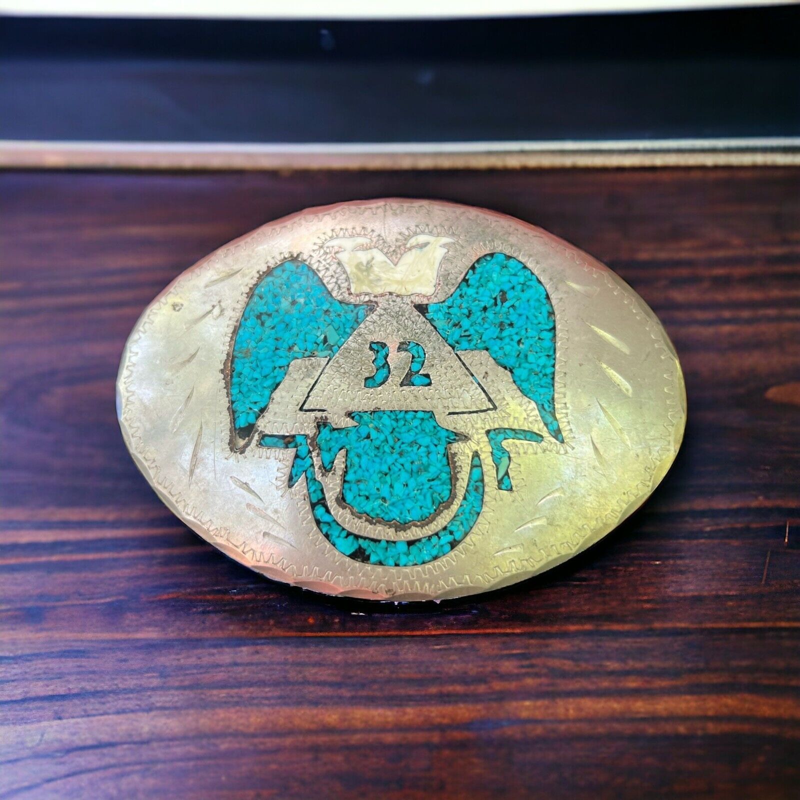 Vintage Masonic 32nd Scottish Rite Silver Belt Buckle Mother Pearl Turquoise Nat
