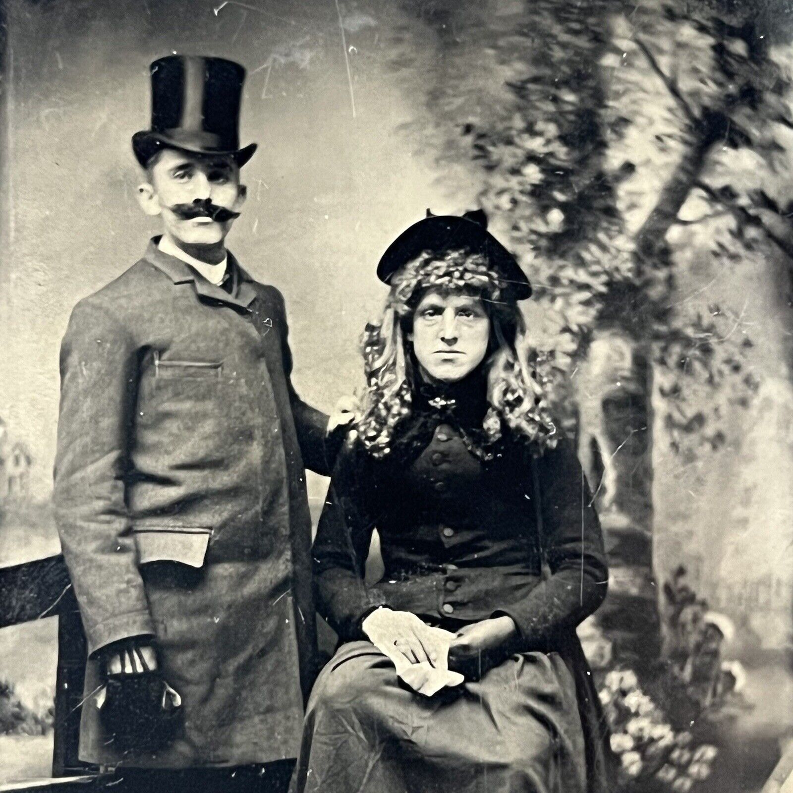 Antique Tintype Photograph Handsome Man Top Hat Cross Dresser Great Wig Odd