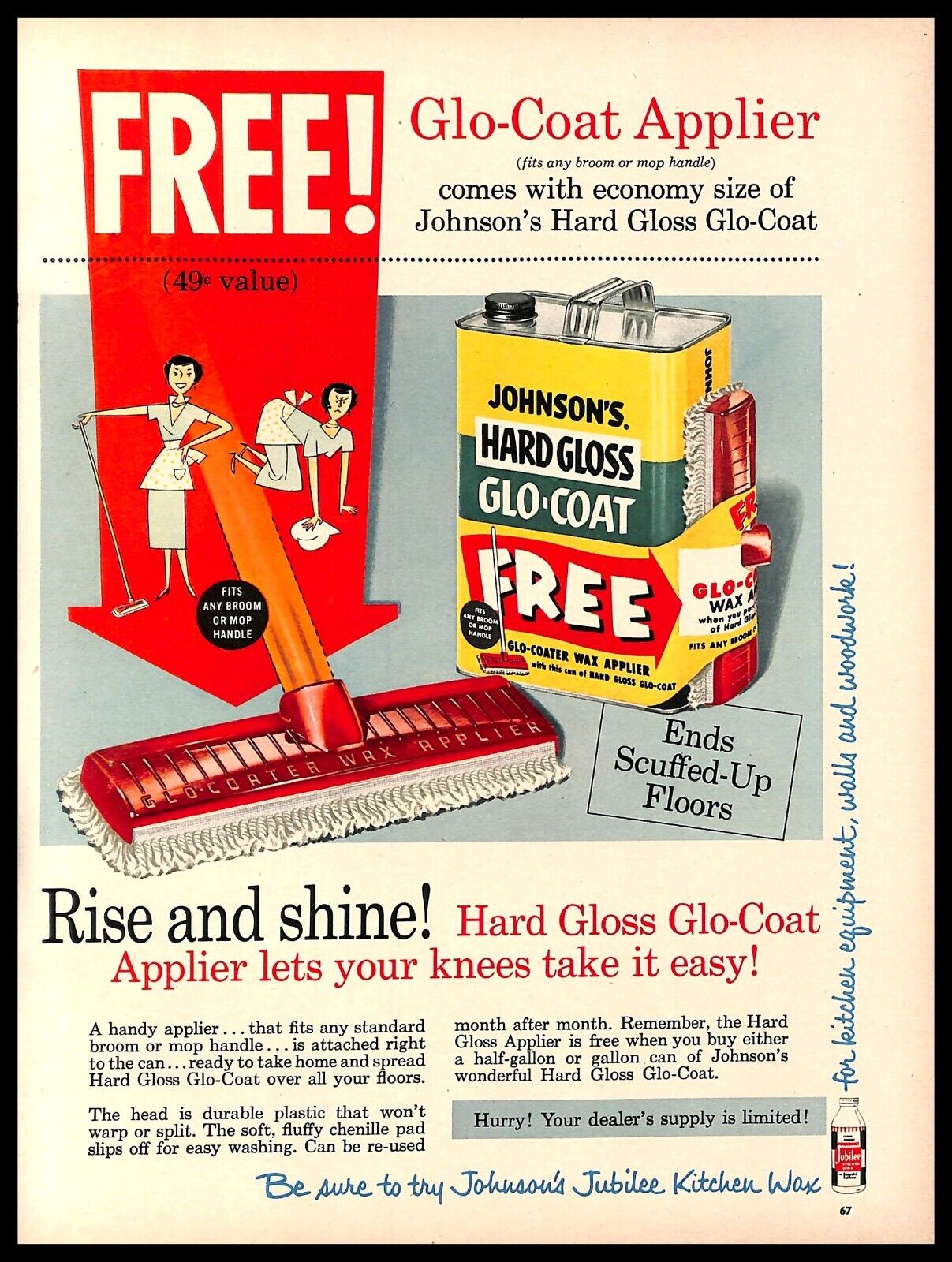 1954 Johnson's Hard Gloss Glo-Coat Wax Applier Vintage PRINT AD Household