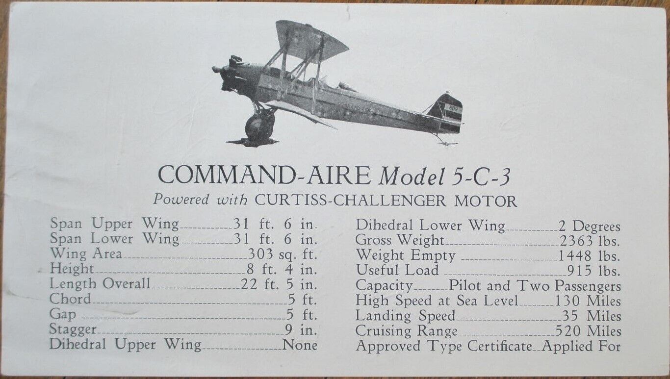 Command-Aire 5C-3 Airplane Biplane 1928 Advertising Item, Curtiss-Challenger