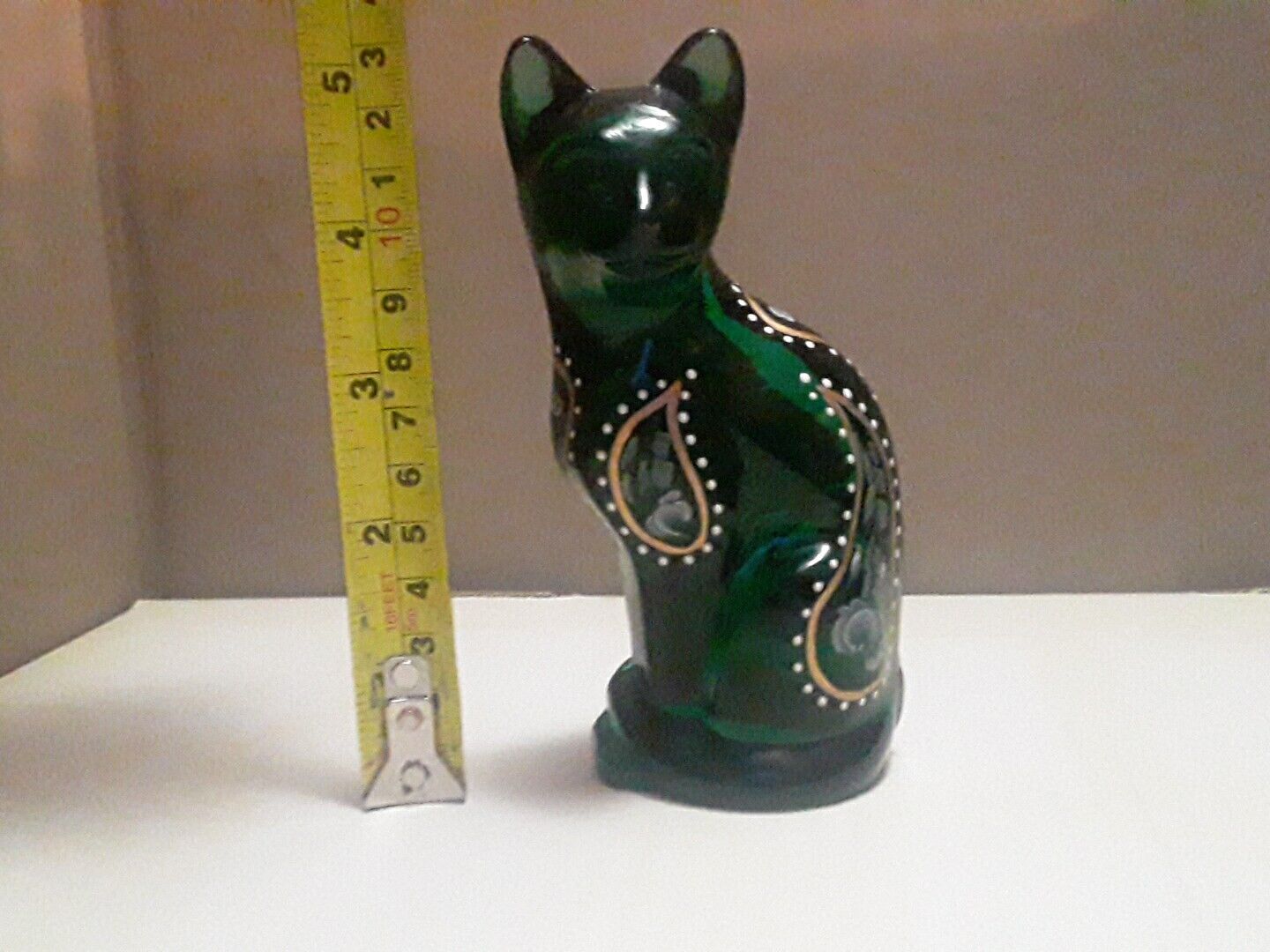 Fenton Green Glass Hand Painted Floral Cat Figurine Signed