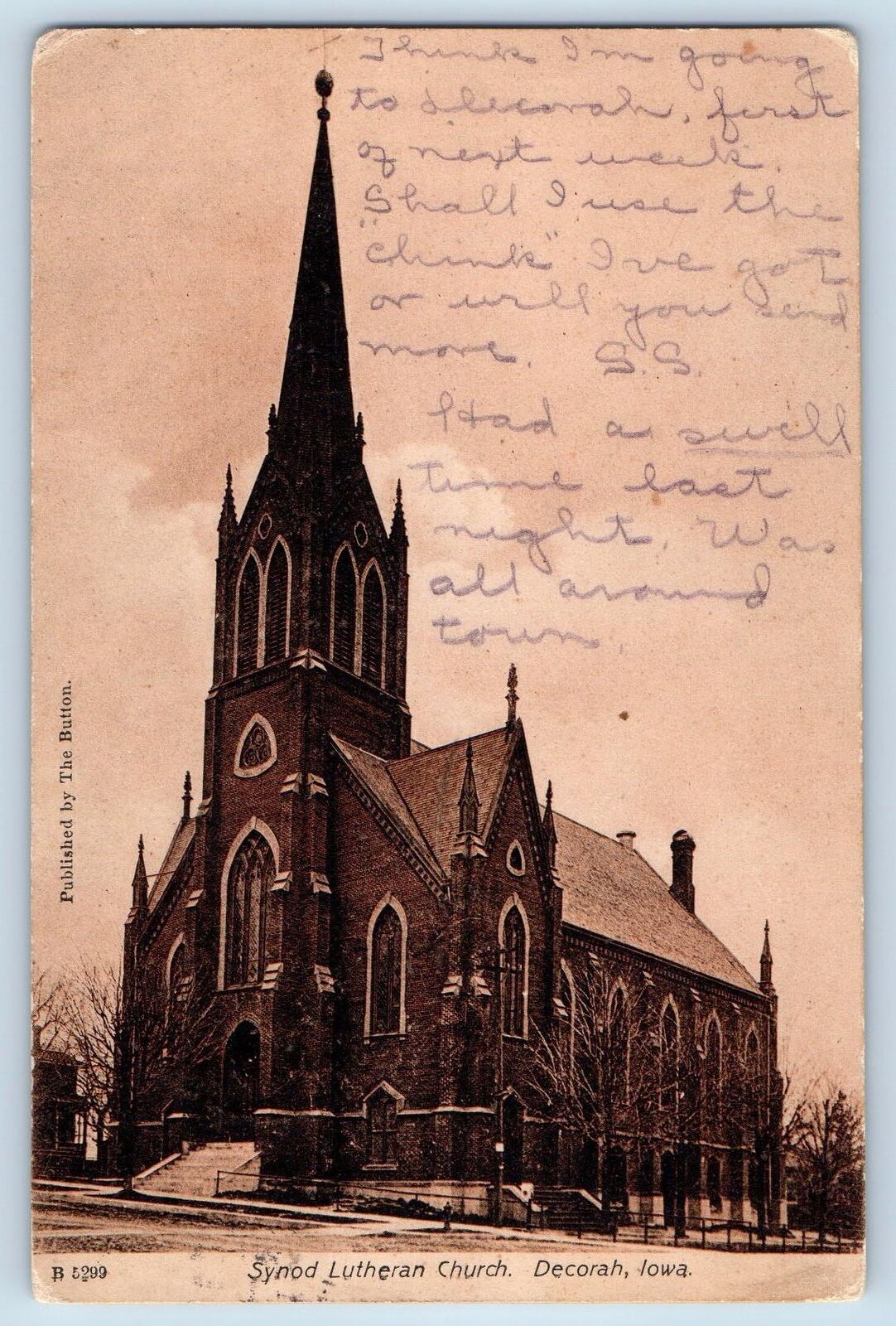 1908 Synod Lutheran Church Building Tower Facade Entrance Decorah Iowa Postcard