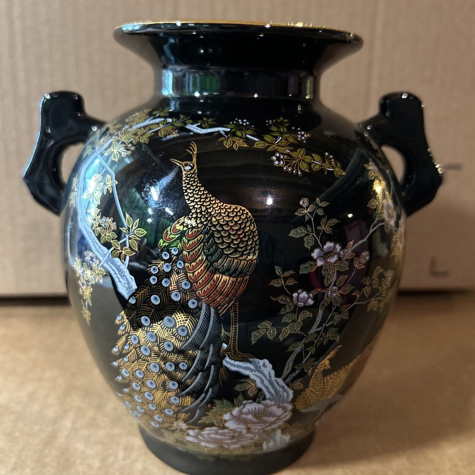 Vintage 1960's Japanese Porcelain Handled Vase Peacocks and Chrysanthemums