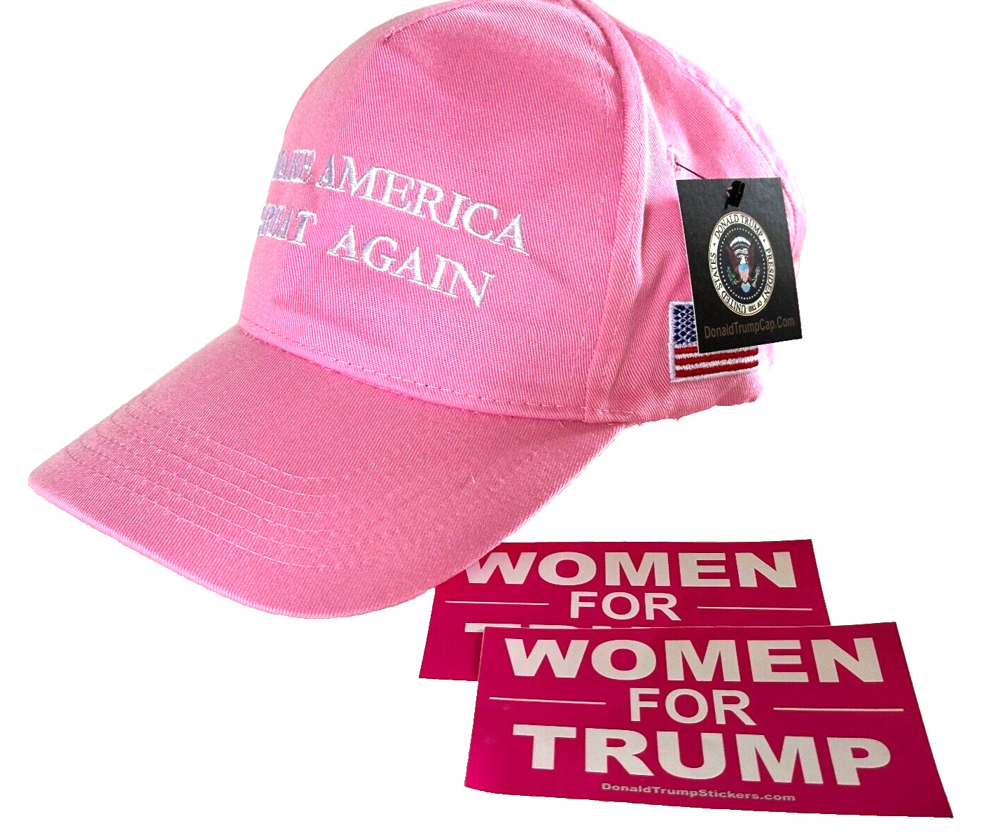 Trump MAGA Hat..2024..Make America Great Again..Pink + 2 Women For Trump Decals