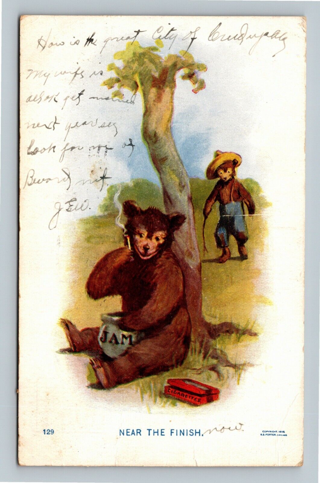 Comic-Dressed Bear Smoking Cigarette Eating Jam c1907 Vintage Postcard