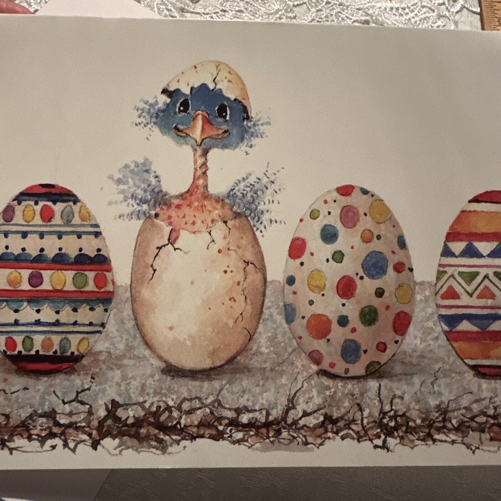 Vtg Easter Greeting Card UNUSED Carolyn Shores Wright Chick Hatching W/ En