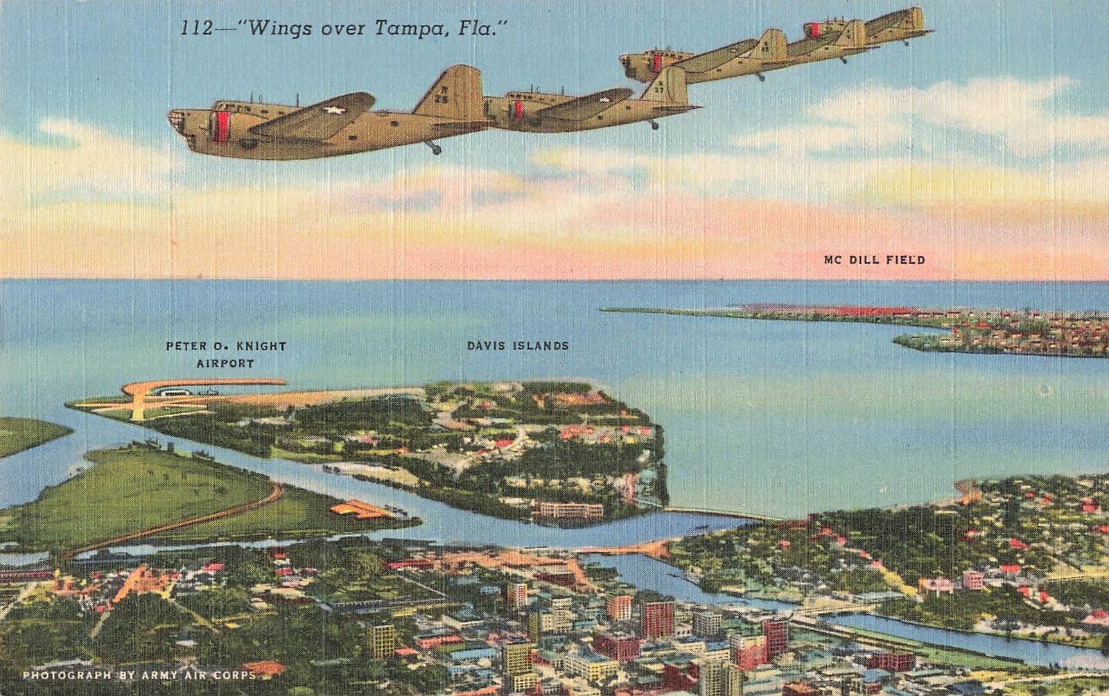 Vintage Postcard Wings over Tampa, Fla, Peter O. Knight Airport, McDill Fld WW2