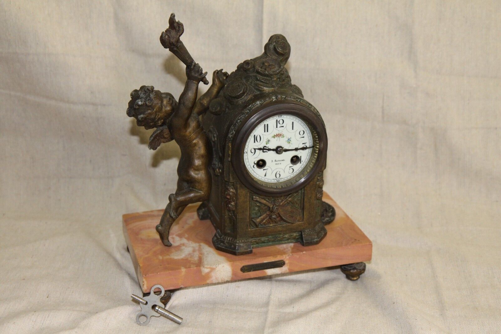 Antique French Xavier Raphanel Gilt Bronze Sculpture Mantel Clock Paris