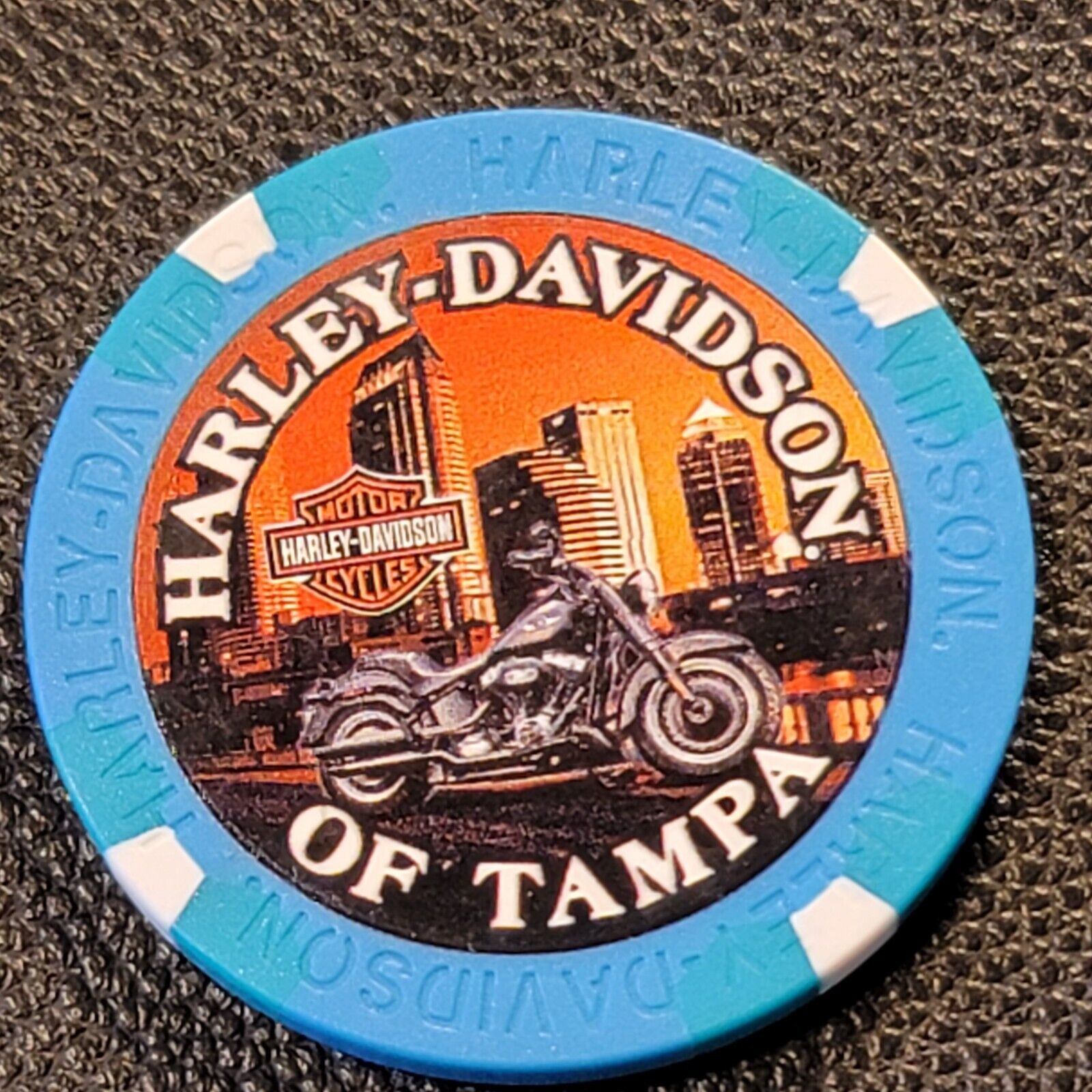 HD OF TAMPA (Blue/Teal Wide Print) FLORIDA ~ Harley Davidson Poker Chip (CLOSED)