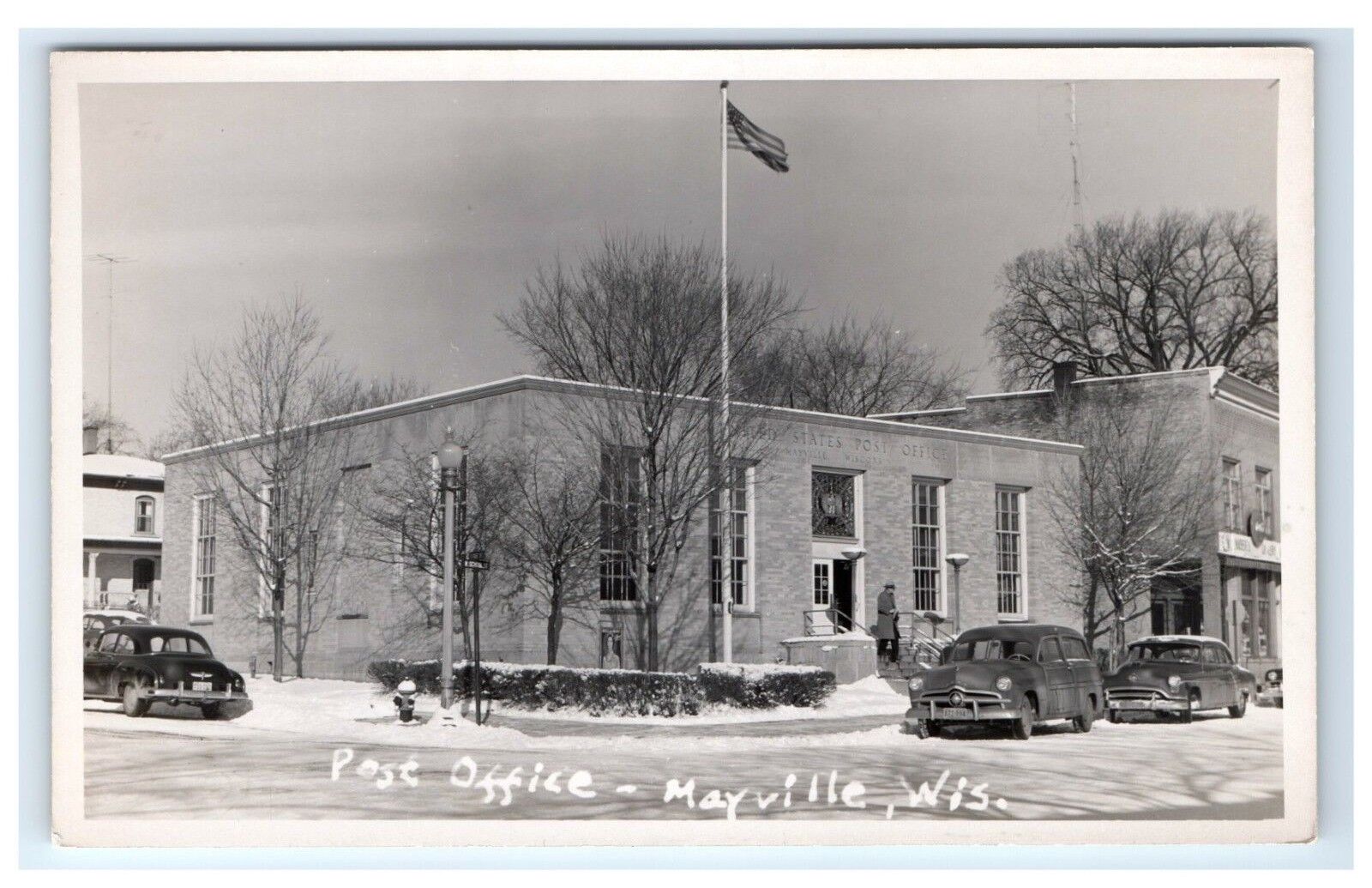 Postcard Post Office, Mayville, Wisconsin winter scene snow RPPC H5