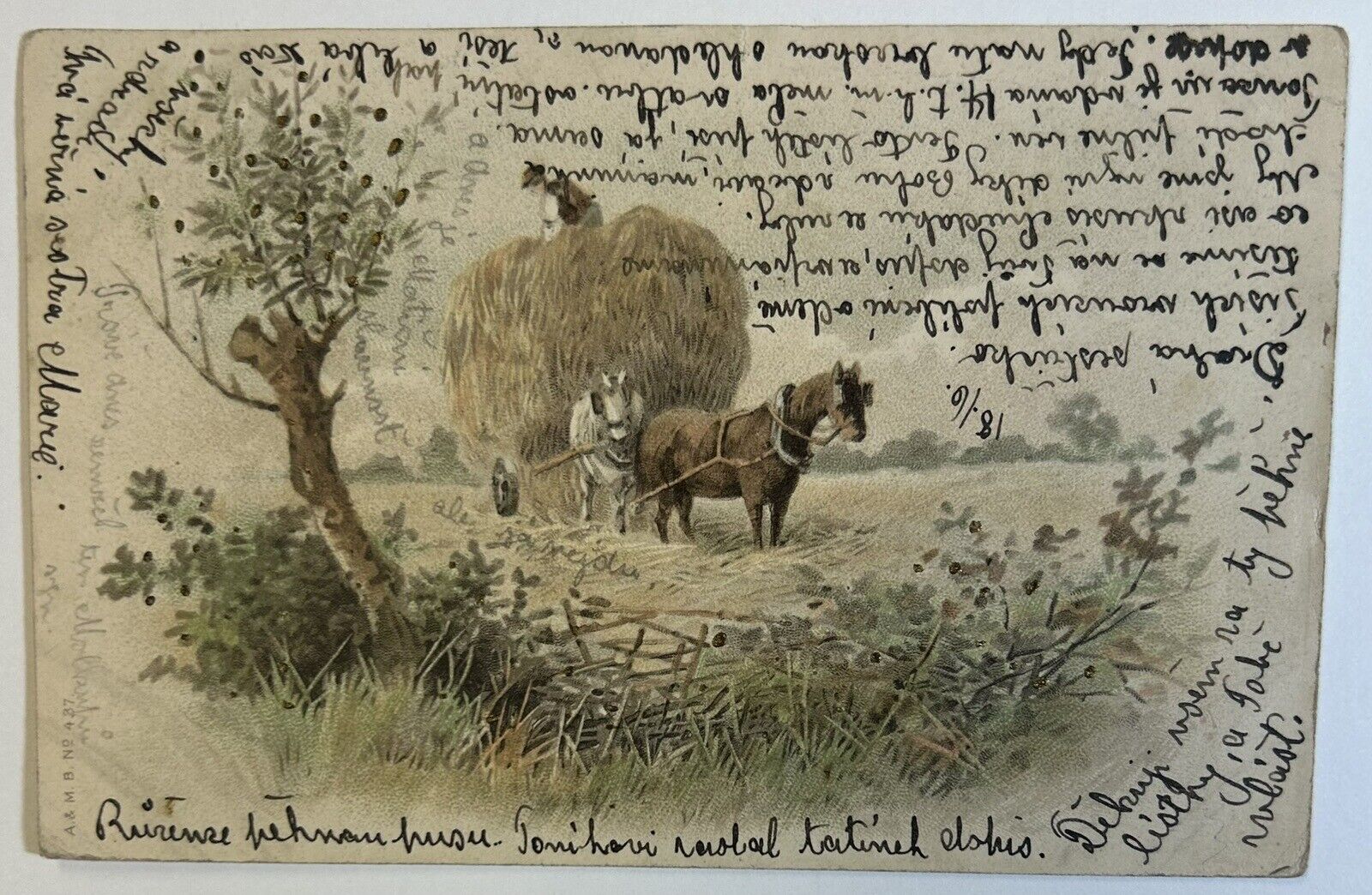 Antique Farming Postcard, Horses Carrying Hay Bales