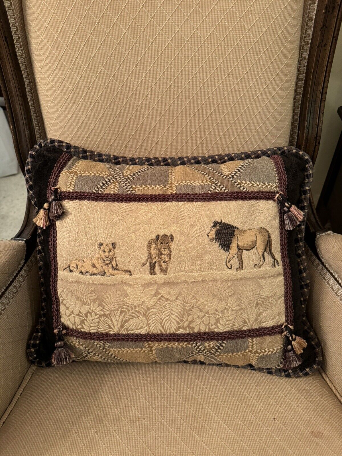Beautiful Rare Lion Themed Silk And Velvet Pillow