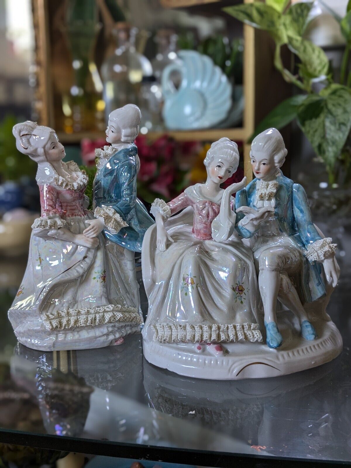 Vintage Rococo/Dresden Courting Couple Porcelain Figurine/Statues- Lot Of 2