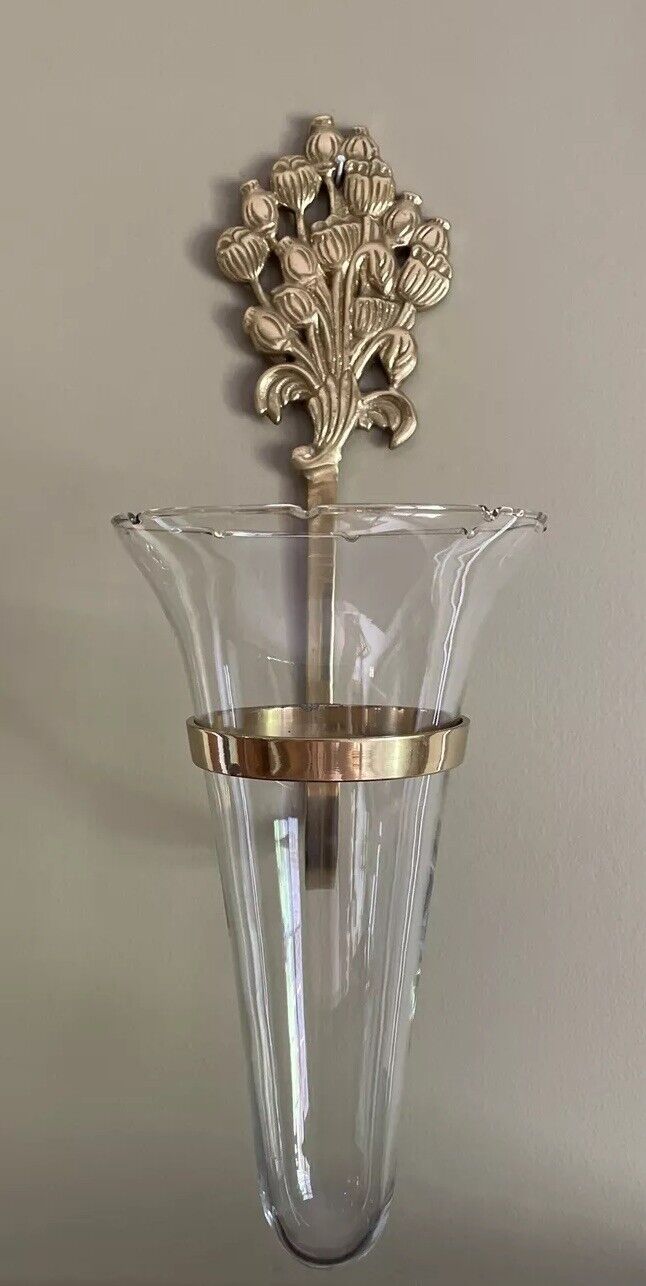 Vtg Floral Brass & Glass Wall Vase 17” X 5” Made In India 1980s