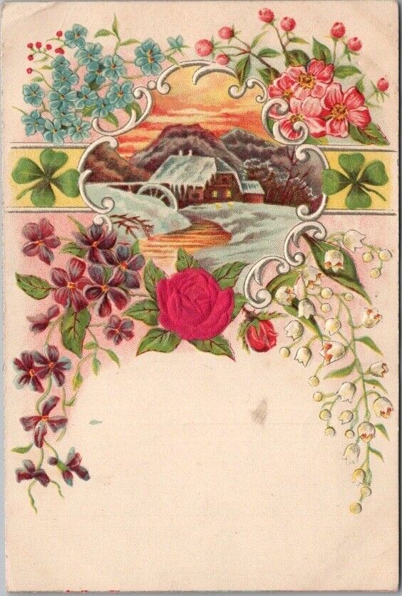 c1910s Embossed Greetings Postcard Winter Mill Scene / Flowers / Real Silk Rose