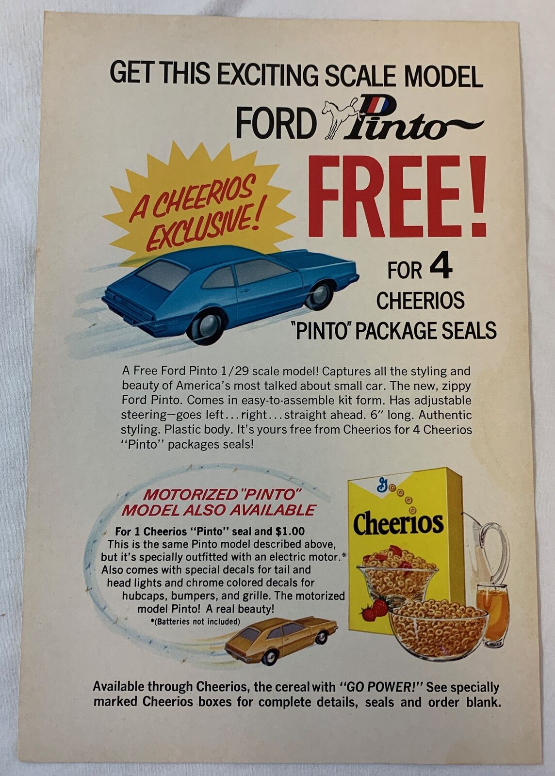 1971 CHEERIOS ad page ~ Ford Pinto premium toy car