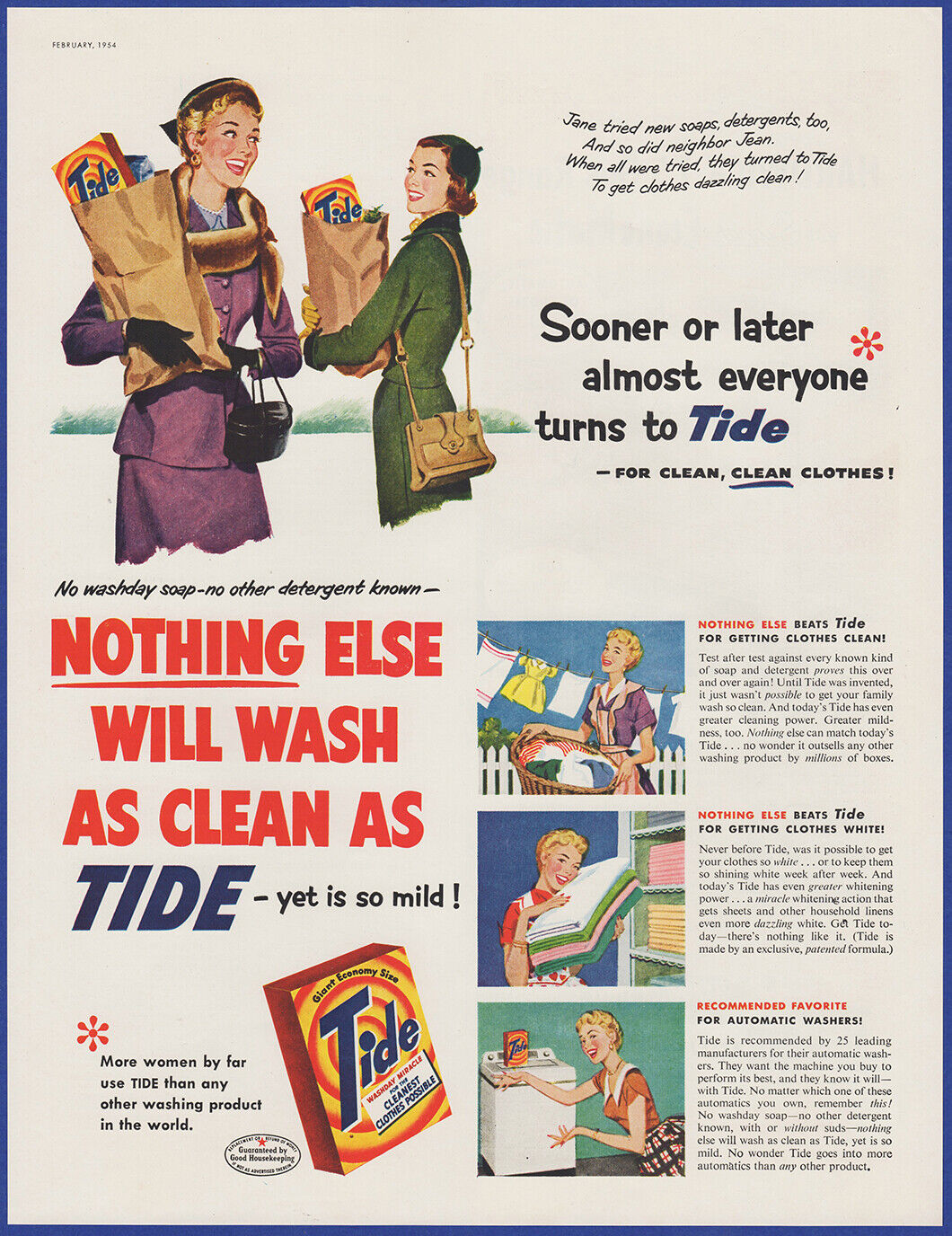 Vintage 1954 TIDE Laundry Soap Suds Nothing Else Procter Gamble 1950's Print Ad