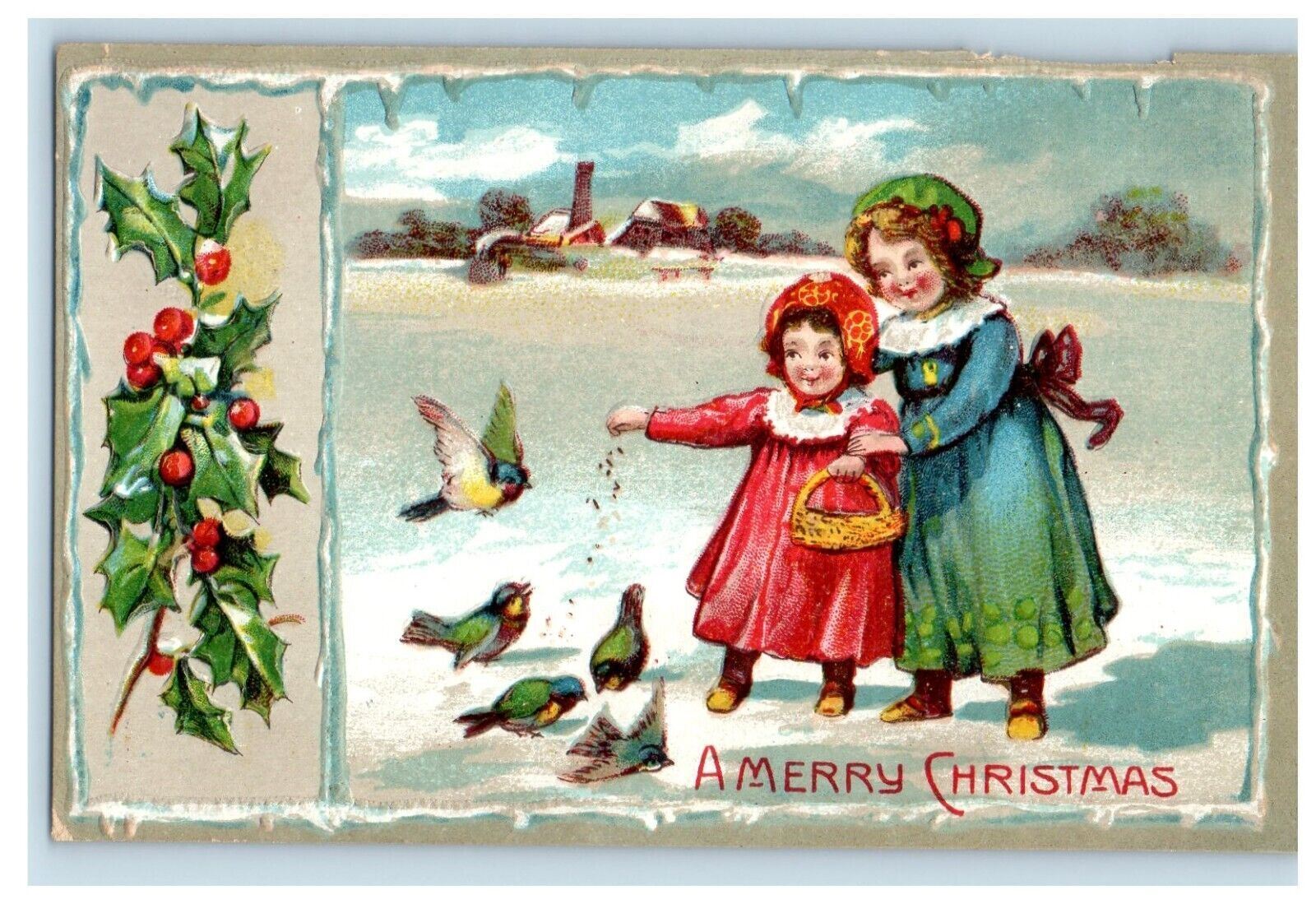c1910's Merry Christmas Mother And Daughter Birds Holly Embossed Postcard
