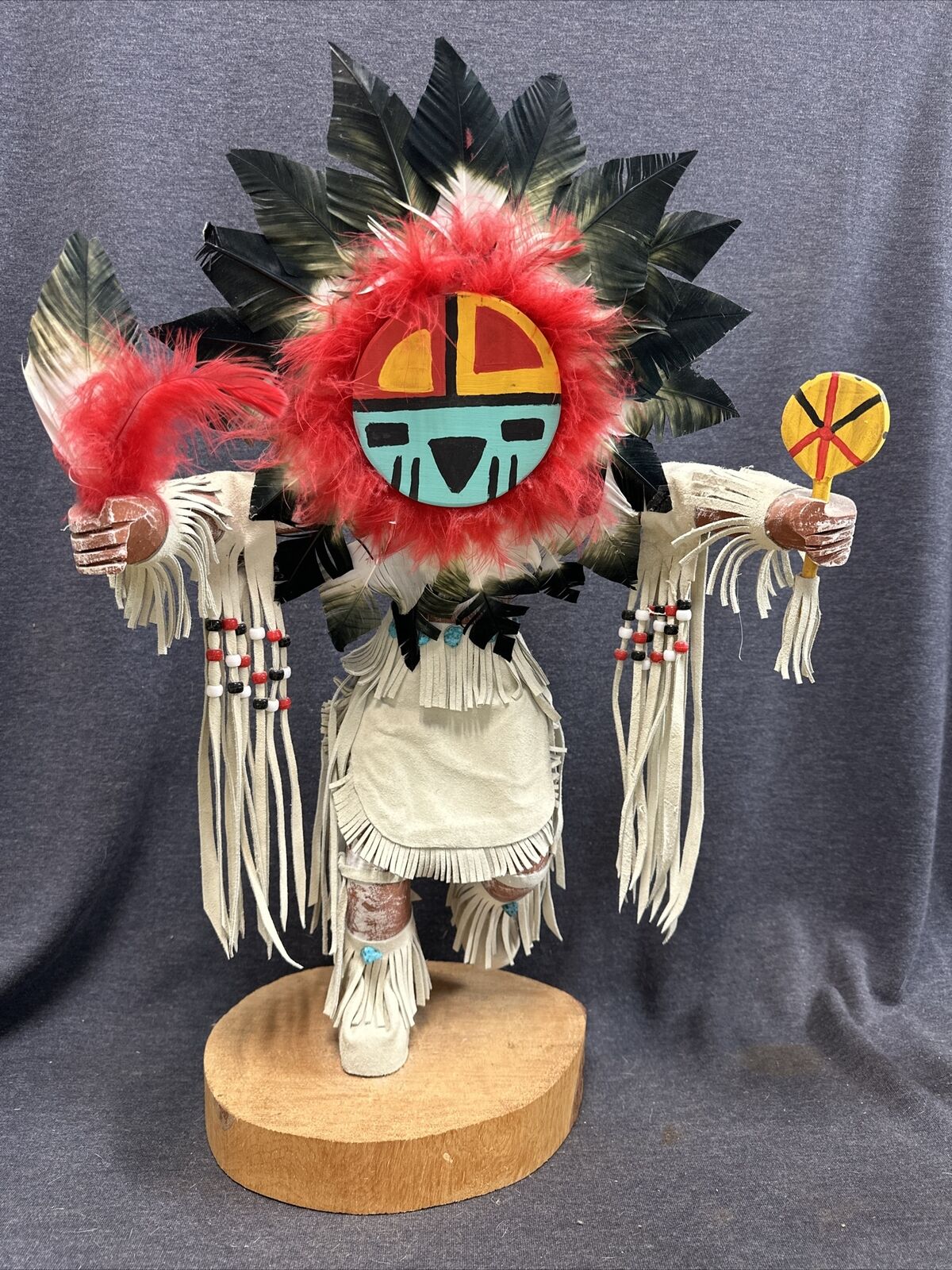Vintage 23” Navajo Kachina Doll - Sunface - Signed - Leather -Fur -feathers