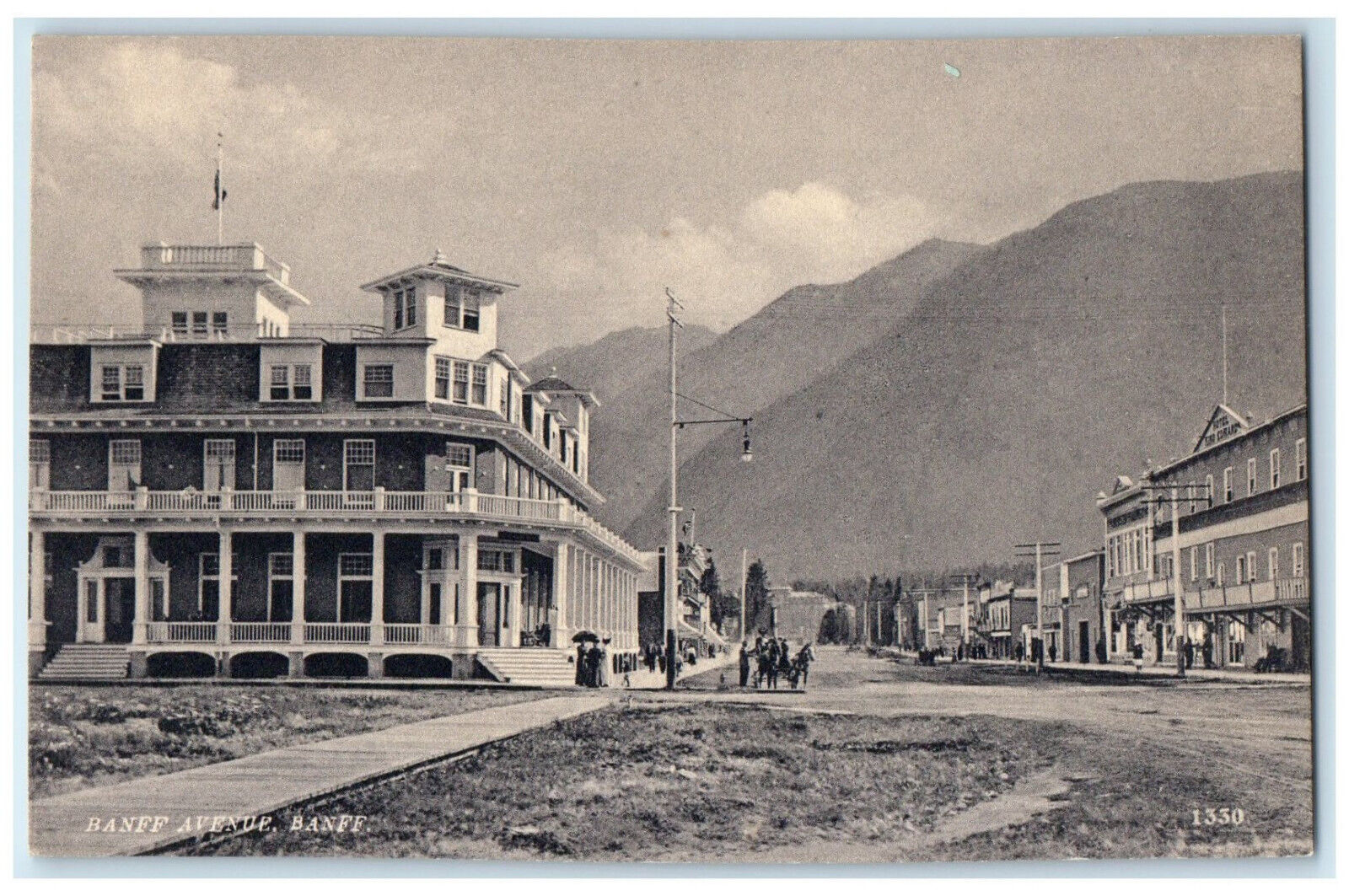 c1910 Banff Avenue Horse Carriage Commercial Buildings Alberta Canada Postcard